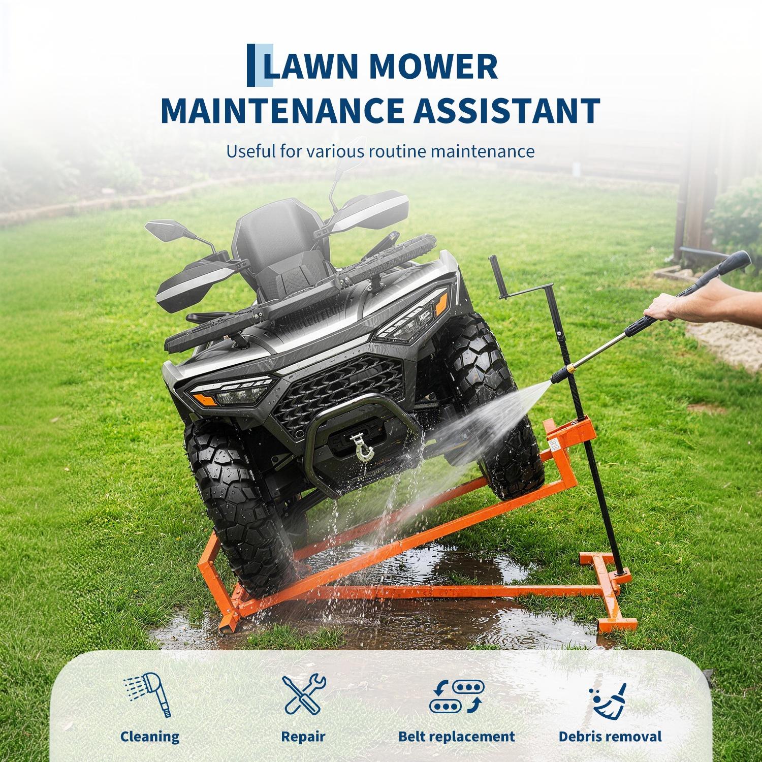 uty Lawn Mower Lift Jack – Collapsible & Telescopic, Quick Setup for Zero Turn & Riding Mowers – Crank & Power Tool Handle – Anti-Slip Base – Orange
