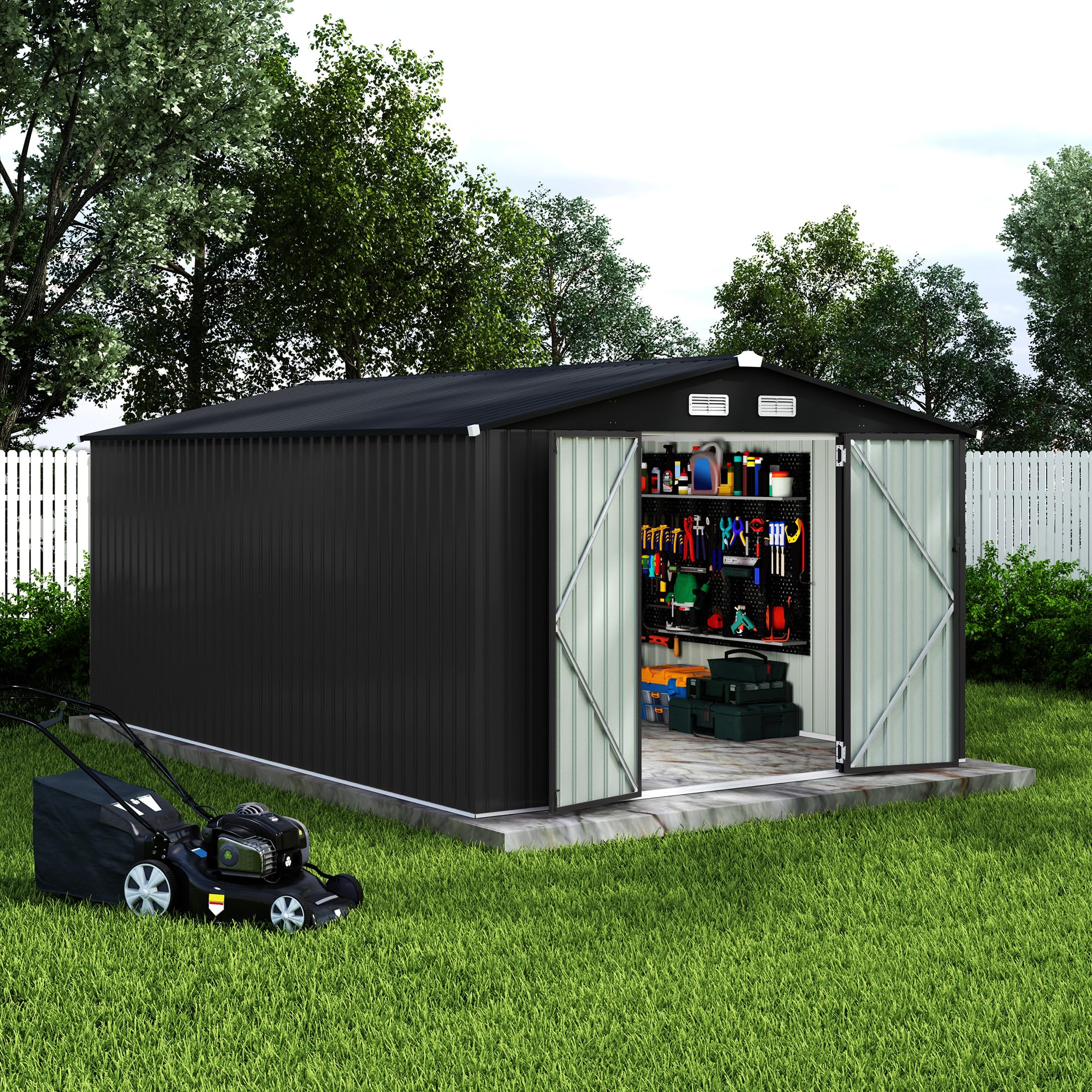 Garvee 10x14 Ft Metal Outdoor Storage Shed, Galvanized Garden Tool Shed with Lockable Doors, Air Vents & Sloped Roof, Gray Backyard Storage for Patio, Lawn & Garden