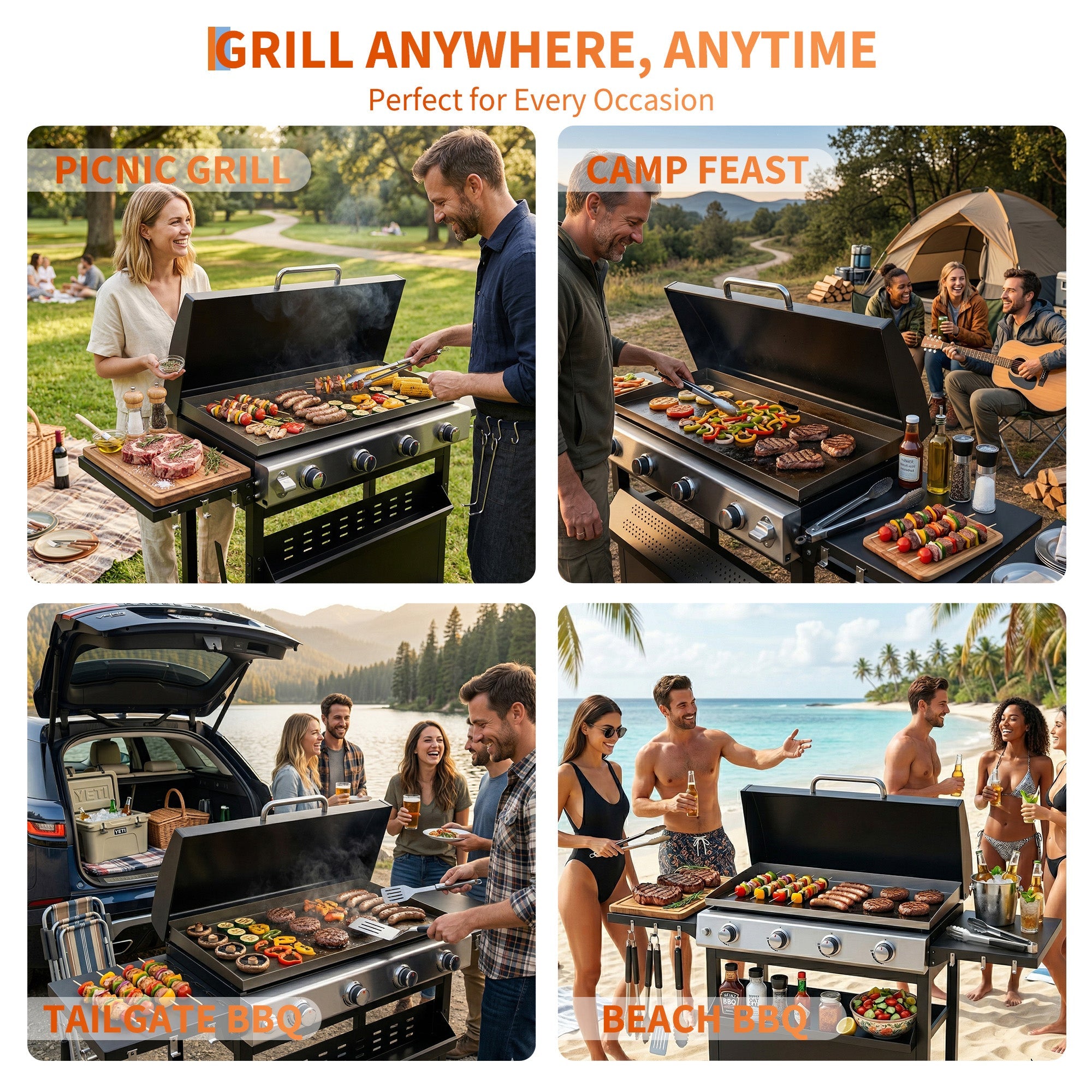Garvee 4 Burner Propane Gas Griddle with Removable Cart – Convertible Flat Top Grill with Hood, 32,000 BTU Portable Griddle for Camping, Tailgating, Backyard – Black