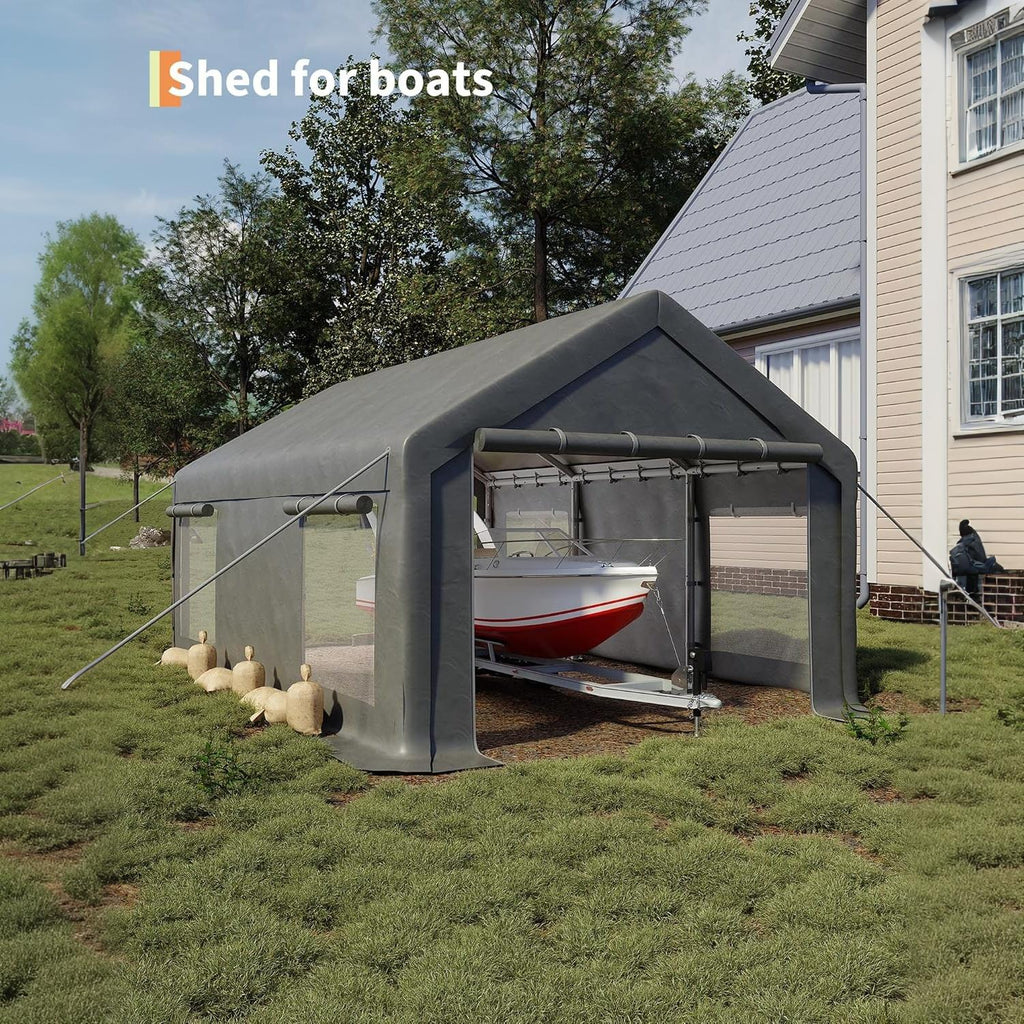 Garvee Portable Garage for Cars & Boats, 10 x 20 FT Steel Carport with 200G PE Canopy, 2 Roll-Up Doors, 4 Windows and Gray Cover