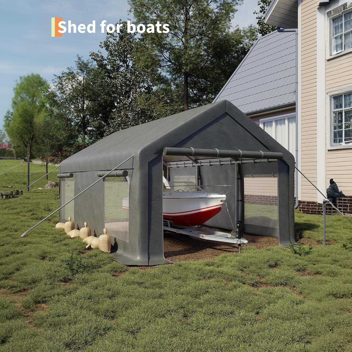 Garvee Portable Garage for Cars & Boats, 10 x 20 FT Steel Carport with 200G PE Canopy, 2 Roll-Up Doors, 4 Windows and Gray Cover