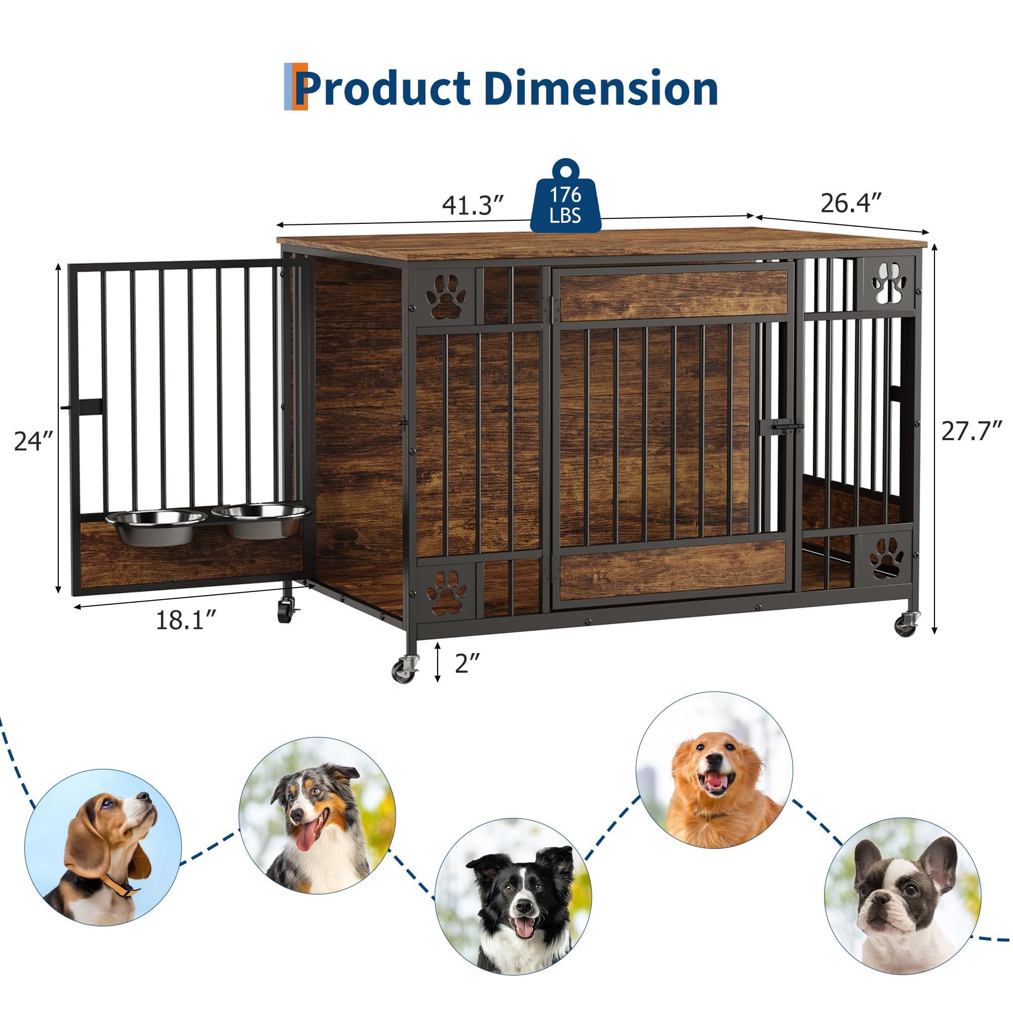 Garvee Modern Triple Door Dog Crate Furniture – 41" Heavy Duty Wooden Kennel with Feeding Bowls & Wheels – End Table Pet Cage for Medium & Large Dogs – Antique Brown