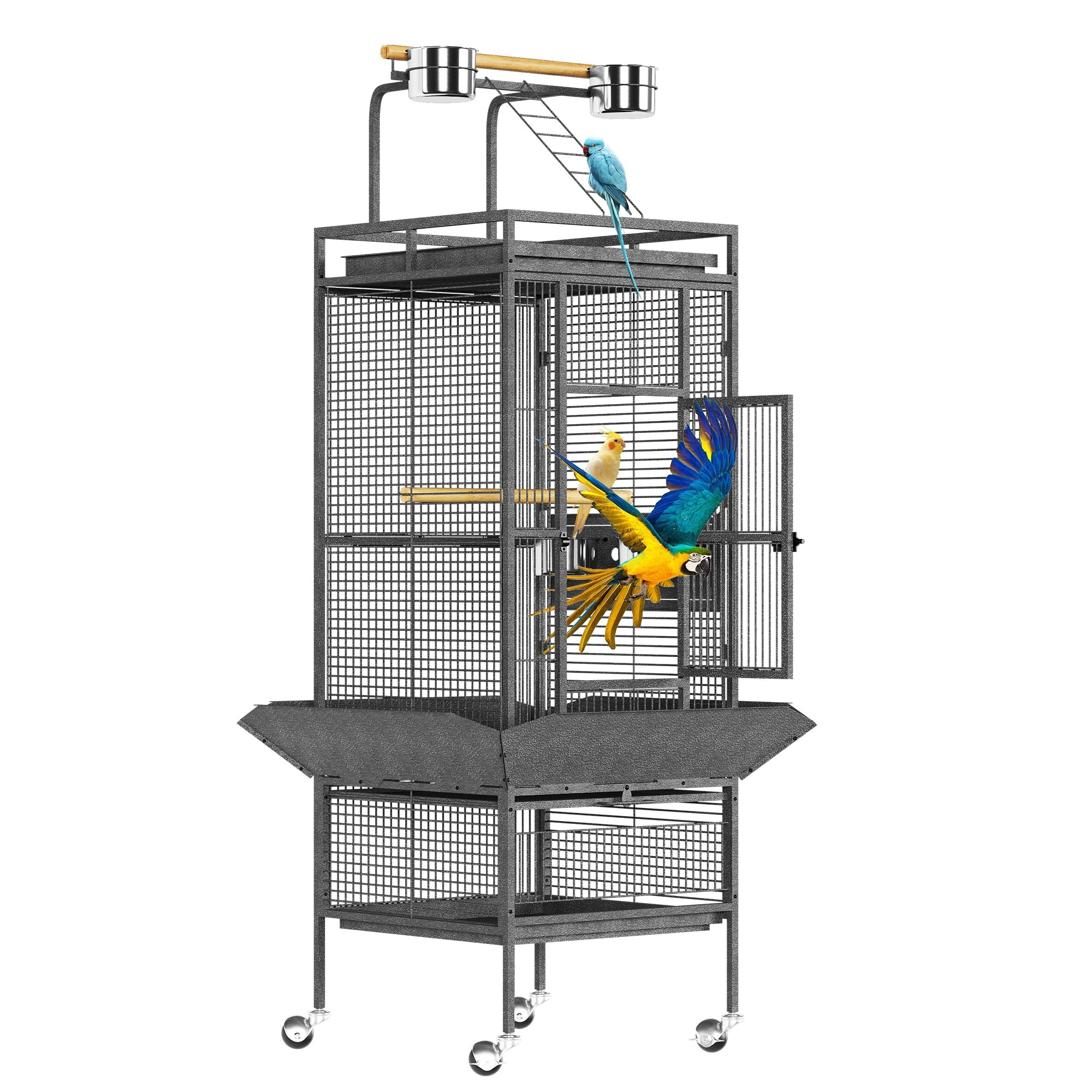 Garvee 61 Inch Large Metal Bird Cage with Play Top & Rolling Stand – Stainless Steel & Wood Aviary for Macaws, Cockatoos, Conures, Parakeets, Cockatiels – Spacious Indoor Cage – Exploding Silver