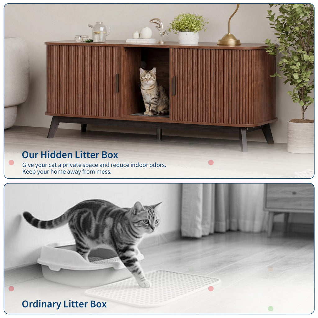Garvee Multi-Functional Cat Litter Box Enclosure for 2 Cats, 59" Large Wooden Pet House - Hidden Litter Box Furniture - Sliding Door Access - Cat Litter Mat Included - TV Stand Side Table - Color: Walnut