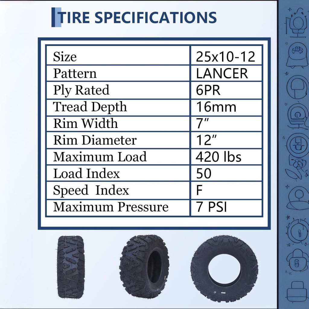 Garvee Heavy-Duty All-Terrain ATV/UTV Tire Set - 2-Pack 25x10-12, 6 Ply Tubeless, 420 lbs Load, Puncture Resistant, Deep Step for Mud/Sand/Trail - AT25X10-12-6PR TL LANCER (New)