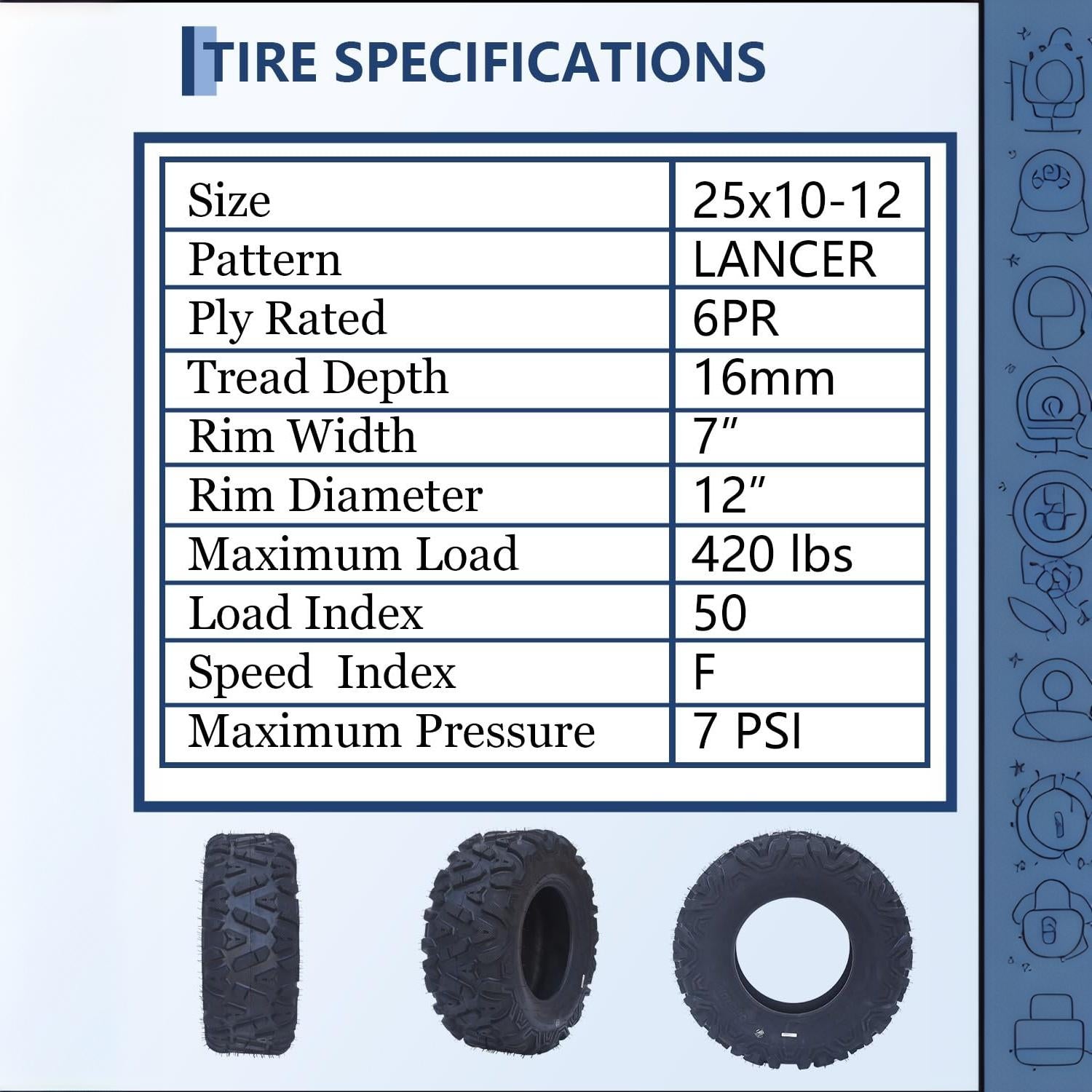 Garvee Heavy-Duty All-Terrain ATV/UTV Tire Set - 2-Pack 25x10-12, 6 Ply Tubeless, 420 lbs Load, Puncture Resistant, Deep Step for Mud/Sand/Trail - AT25X10-12-6PR TL LANCER (New)