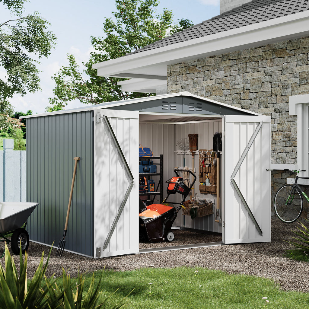 Garvee Weather-Resistant Metal Outdoor Storage Outdoor Storage 8x6 FT – Lockable Double Doors, Vents, Secure Garden Tool Organizer for Backyard, Patio, Lawn Equipment – Gray Color