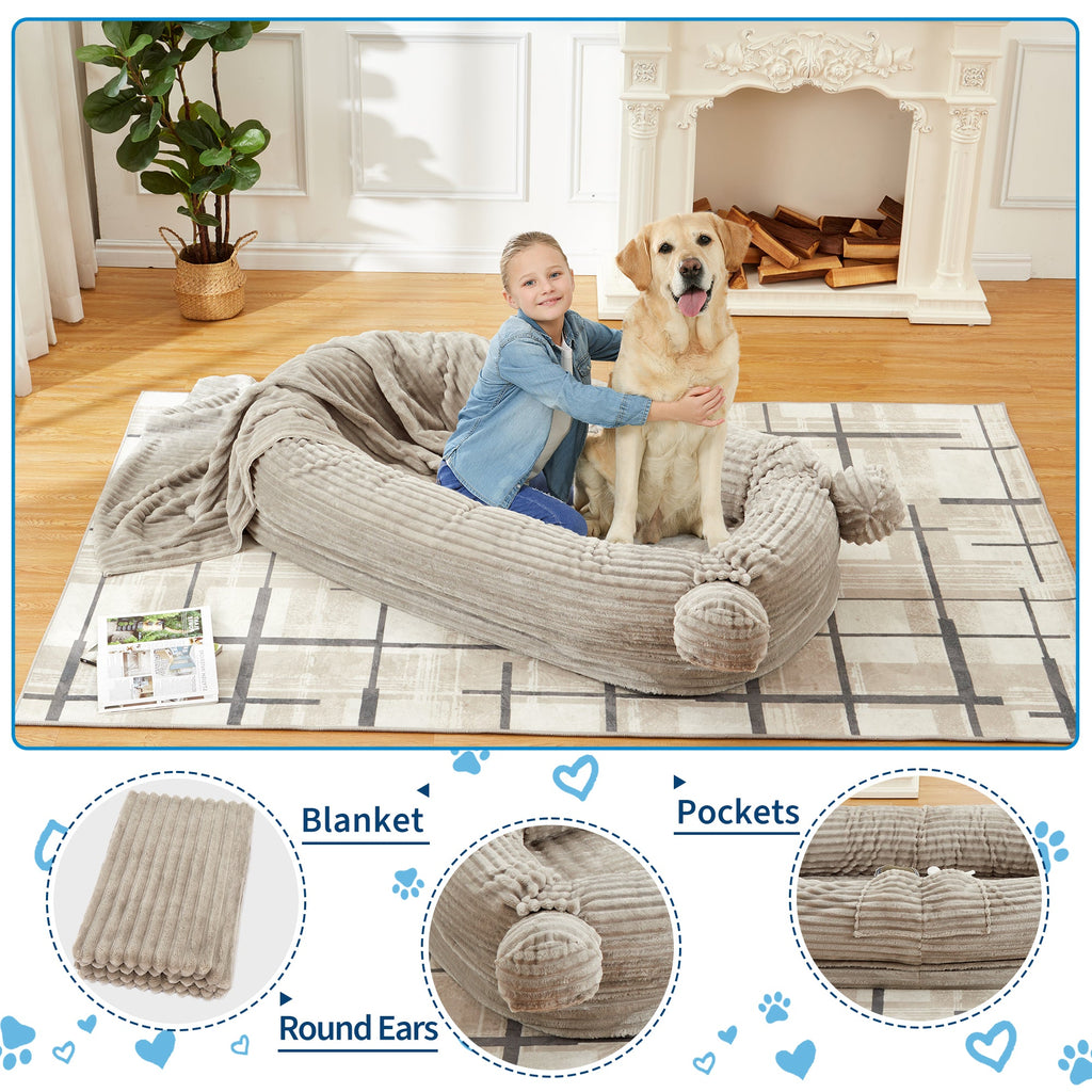 Garvee Oversized Human Size Dog Bed for Adults - 72x44 Inch Pet Sofa with Blanket - Removable & Washable Corduroy Cover - High Density Foam - 2 Storage Pockets & Carry Handles - Orthopedic Floor Lounger for Large Dogs & People - Corduroy