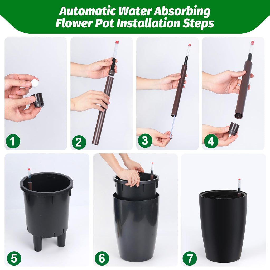 Garvee Self-Watering Tall Planters for Indoor and Outdoor Use, 2-Pack 16-Inch Black Plastic Pots with 2 Water Gauges and Built-In Drainage
