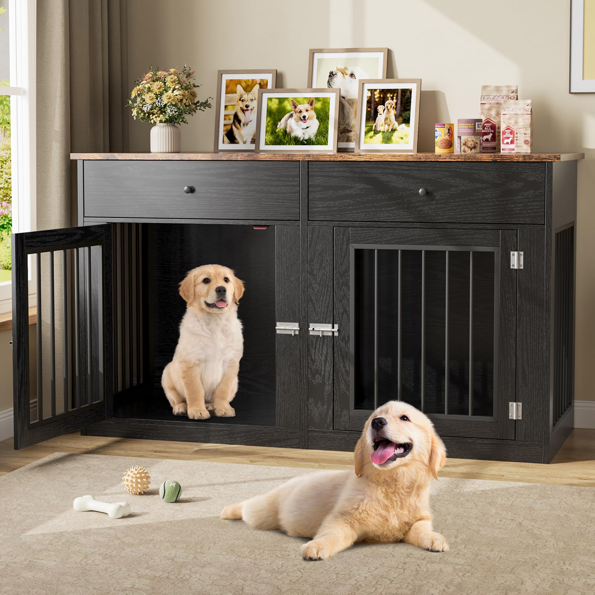 Garvee 60" Dog Crate Furniture for 2 Dogs, Heavy Duty Dog Kennel Furniture TV Stand with 2 Drawers, Dog Crates for Small Medium Dogs, Dog Cage End Table for Indoor Use, Black