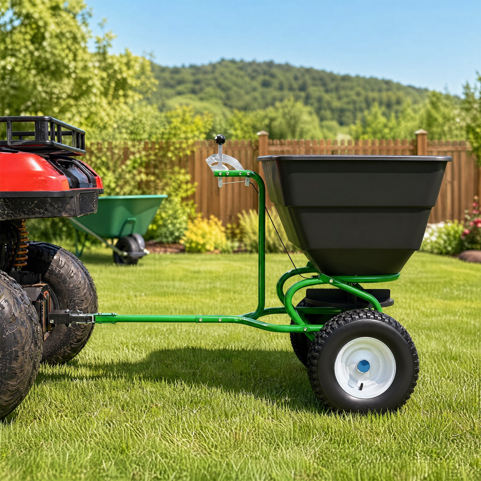 Garvee Tow-Behind Broadcast Spreader, 110 lbs Capacity with 10-Inch Pneumatic Tires, Universal Hitch and Feeder Cover for Seed, Fertilizer and Salt, Green