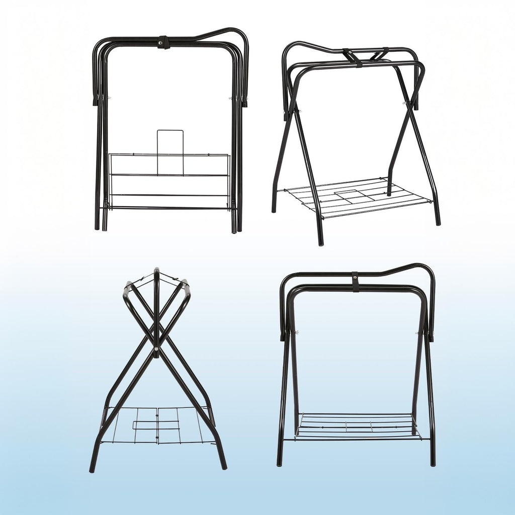 Garvee Heavy Duty Collapsible Saddle Rack with Storage Shelf (2-Pack) - Freestanding Steel X-Frame Stand for English & Western Saddles, Horse Tack, and Blanket Organizer, Matte Black