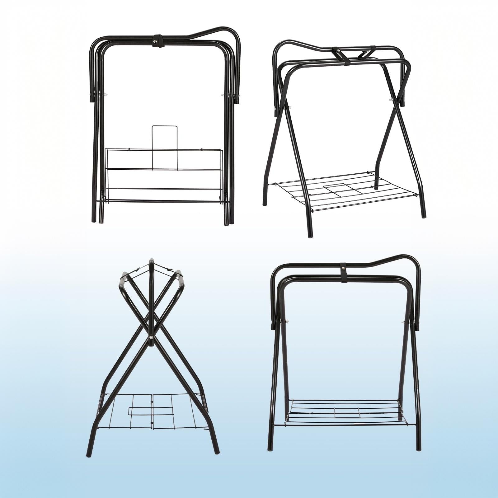 Garvee Heavy Duty Collapsible Saddle Rack with Storage Shelf (2-Pack) - Freestanding Steel X-Frame Stand for English & Western Saddles, Horse Tack, and Blanket Organizer, Matte Black