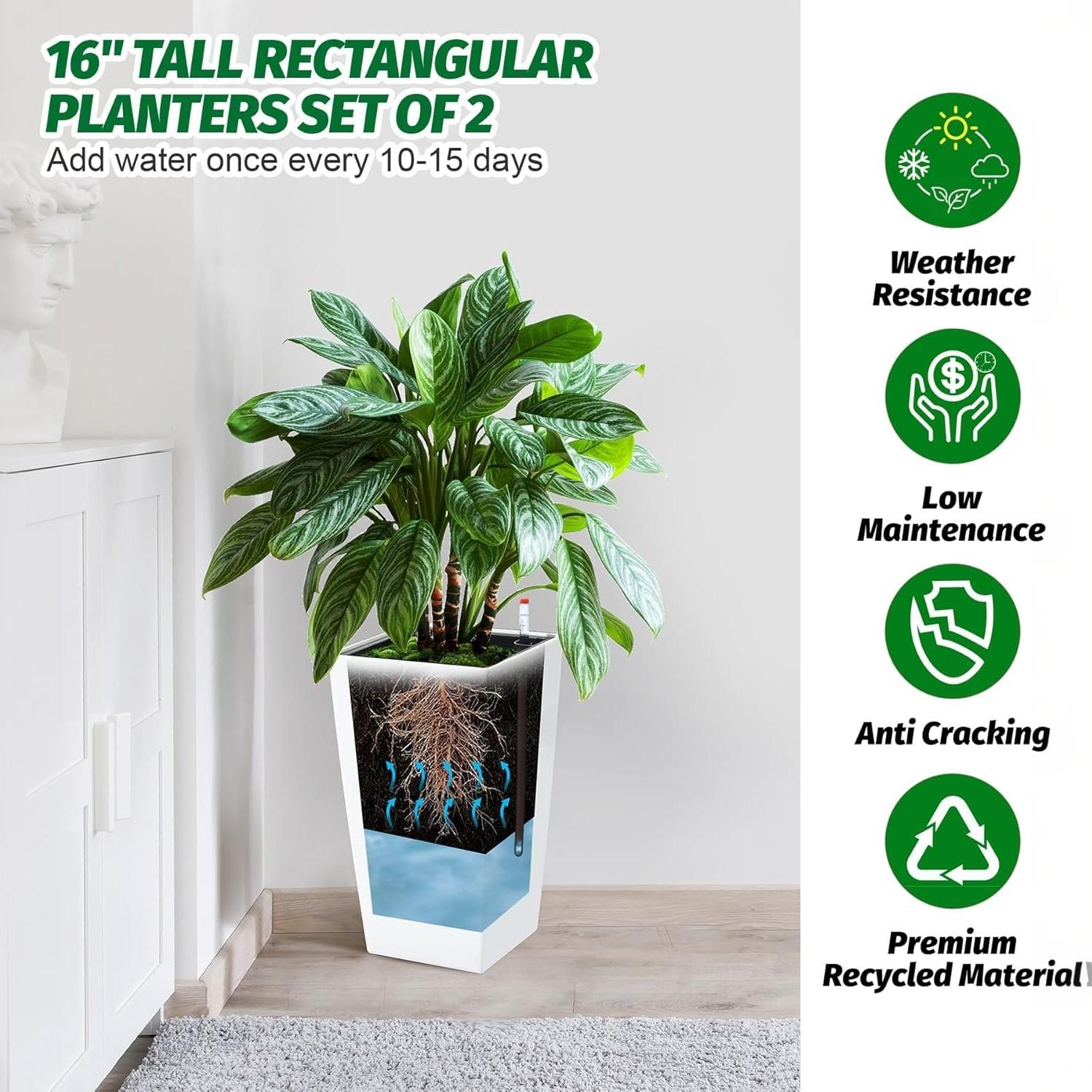 Garvee Self-Watering Tall Planters, Set of 4, 16 in White Plastic Flower Pots with Water Level Gauge, Inner Bucket & Drainage for Indoor Outdoor Patio, Porch and Balcony
