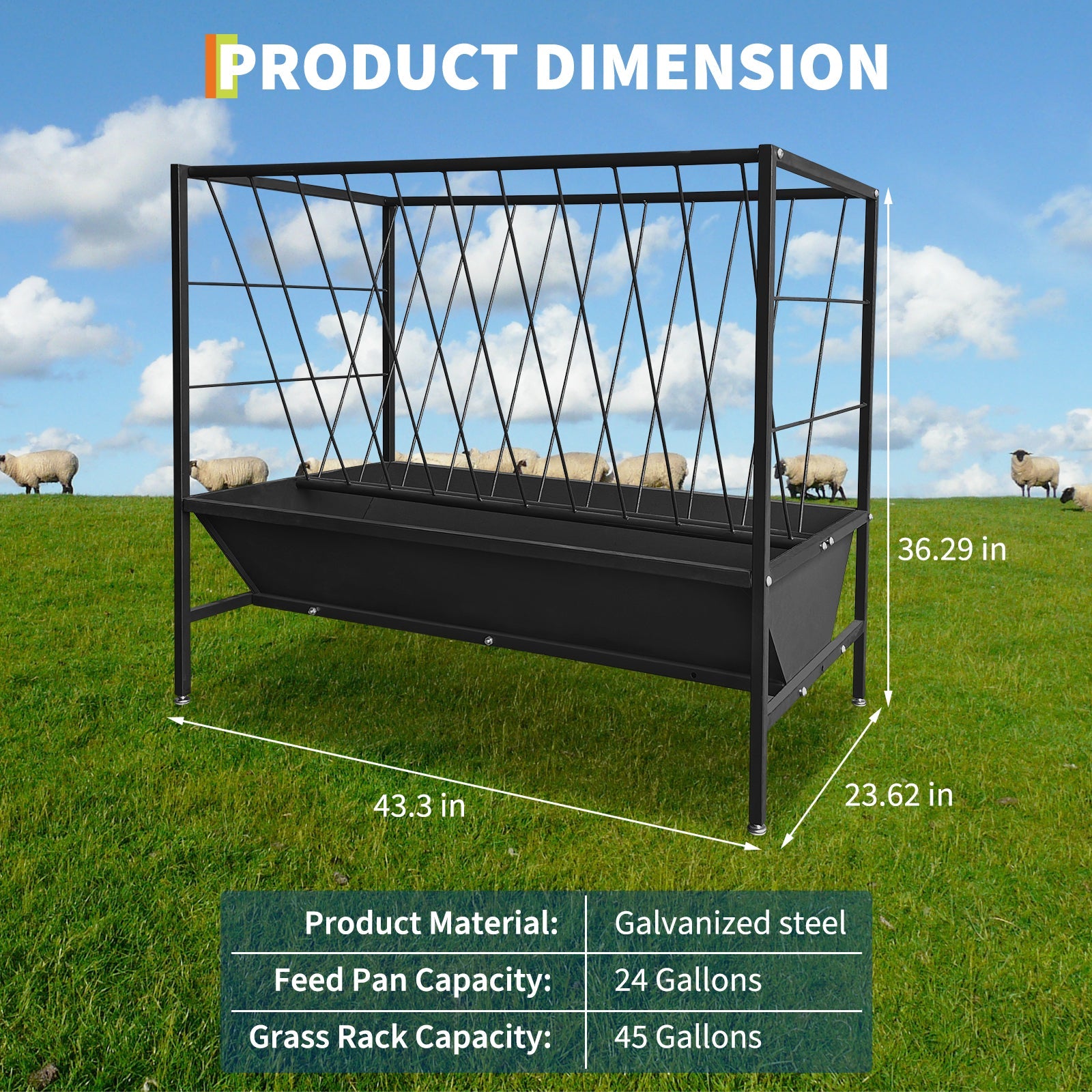 Garvee Heavy Duty 2-in-1 Livestock Hay and Grain Feeder Set – Durable Steel Multi-Sided Trough, 45 Gallon Hay Rack with 24 Gallon Feed Pan – Large Capacity, Weather-Resistant for Goats, Sheep, Horses, Cows, Calves – Ideal for Pasture or Stable – 45+25