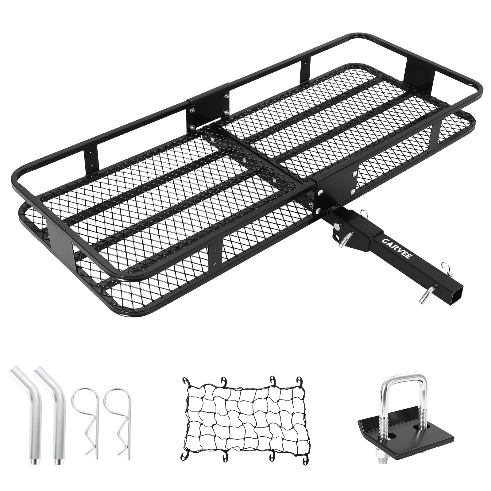 Garvee 60"x20"x6" Folding Hitch Mount Cargo Carrier Basket, Tubular Steel, 500 lbs Capacity, with Folding Arm, Hitch Stabilizer, Cargo Net for Off-Road