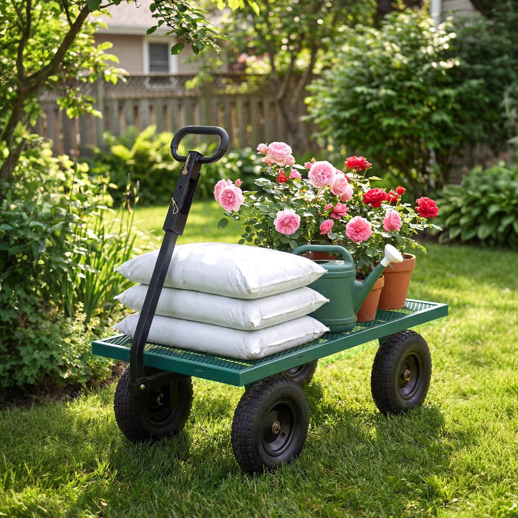 Garvee 1000LBS Heavy Duty Steel Garden Cart Wagon with 13" Pneumatic Tires, Removable Mesh Sides & Rotating Handle, Outdoor Utility Wagon for Garden, Lawn, Yard & Farm, Green