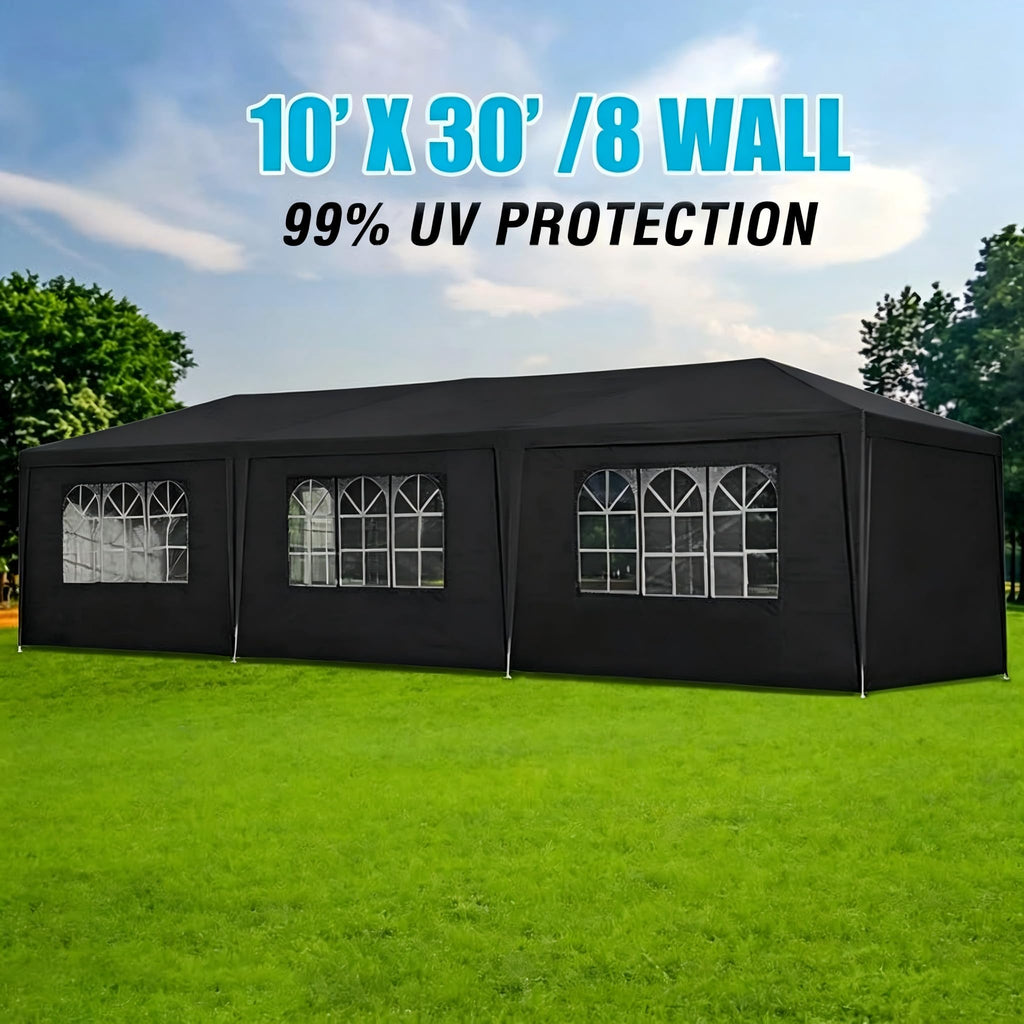 Garvee 10' × 30' Outdoor Party Tent with 8 Removable Sidewalls, Waterproof Canopy, Wedding Gazebo for Backyard, Patio, BBQ and Events, Black