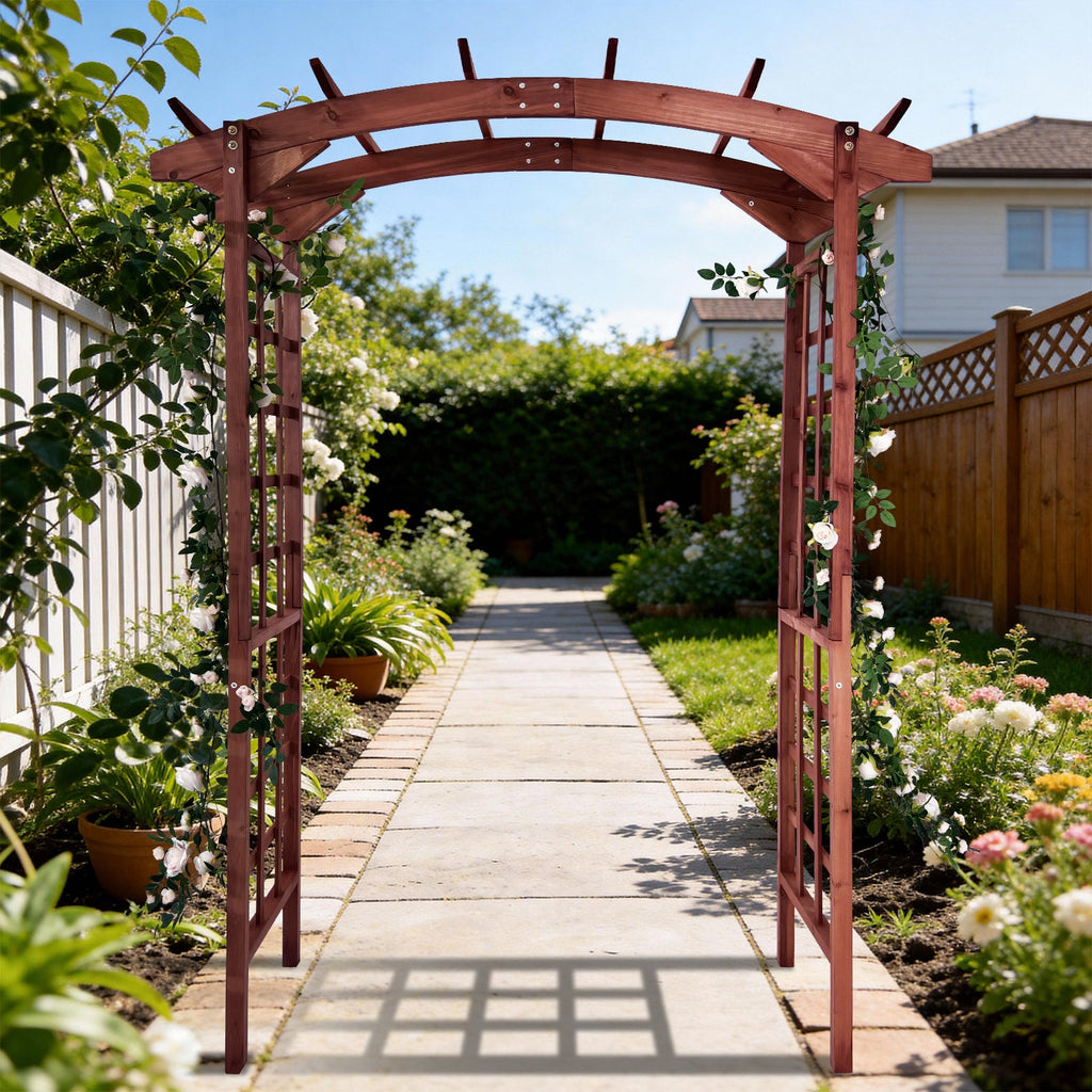Garvee 85-Inch Wooden Garden Arbor Trellis, Fir Wood Arched Pergola for Climbing Plants, Wedding, Patio, Lawn & Backyard, Teak, Arched Top