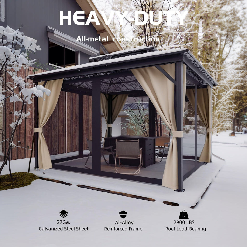 Garvee Hardtop Gazebo 12 ft x14 ft for All Weather, with Double Metal Roof, Aluminum Alloy Frame, Net, and Curtain, Permanent Building for Patio, Deck, Backyard, Lawn, and Garden, Khaki