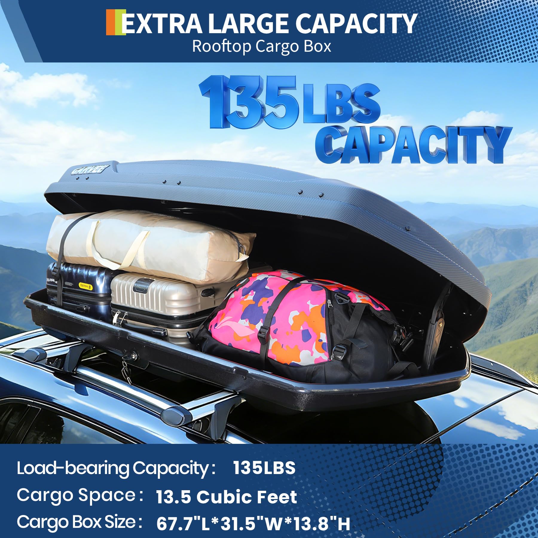 Garvee 13.5 Cubic Feet Rooftop Cargo Box, Hard Shell Roof Cargo Carrier with Dual-Side Opening, 135 lbs Capacity, Lockable ABS Storage for SUVs, Travel, and Camping