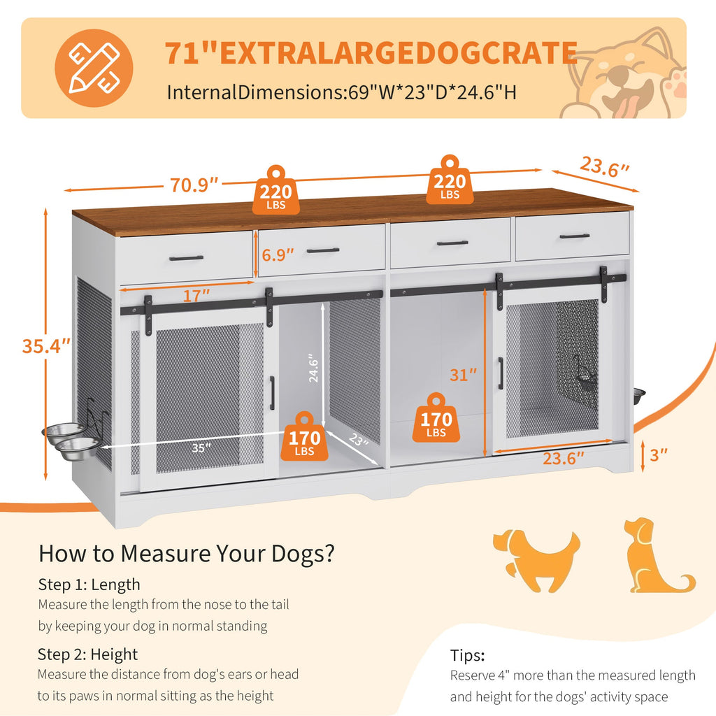 Garvee Multi-Functional Dog Crate Furniture for Medium/Large Dogs – 71'' Indoor Kennel Cage with 4 Sliding Doors, 4 Drawers & Feeding Bowls – Furniture-Style, Walnut & White – US Spec, Color: Walnut+White