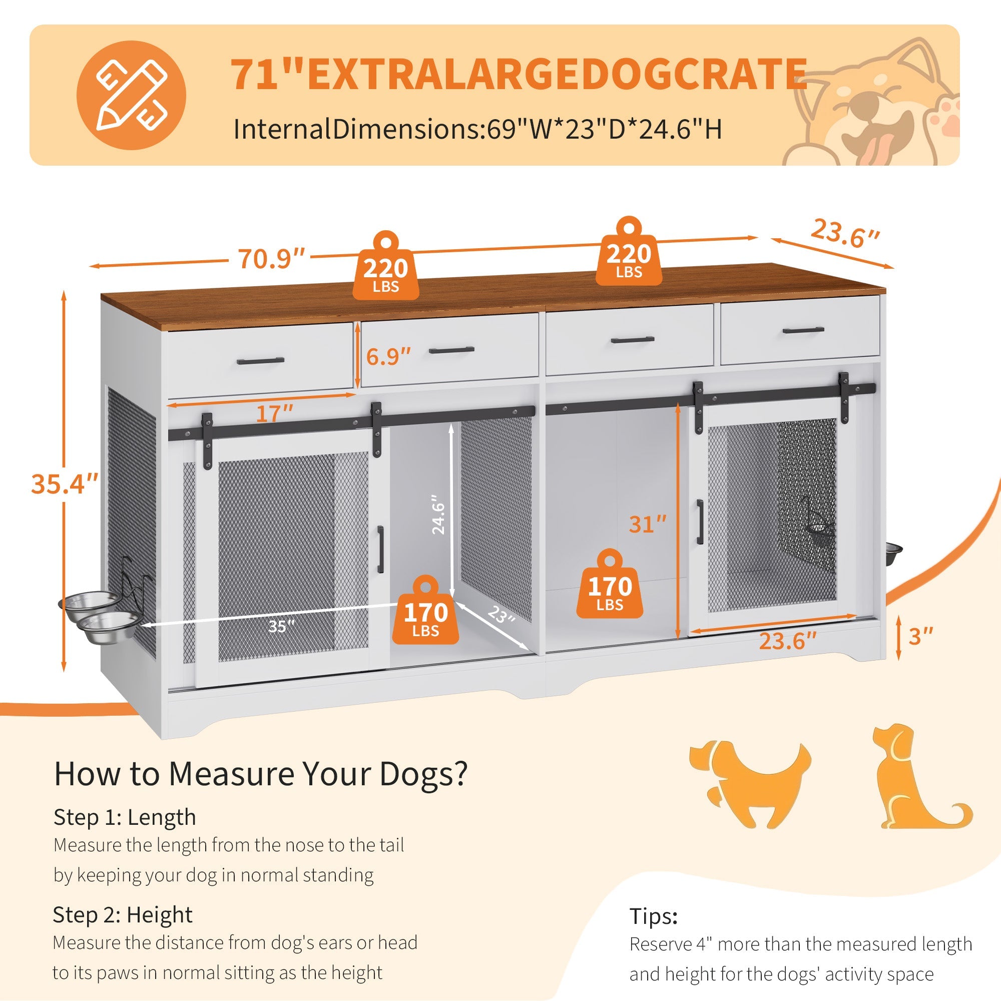 Garvee Multi-Functional Dog Crate Furniture for Medium/Large Dogs – 71'' Indoor Kennel Cage with 4 Sliding Doors, 4 Drawers & Feeding Bowls – Furniture-Style, Walnut & White – US Spec, Color: Walnut+White