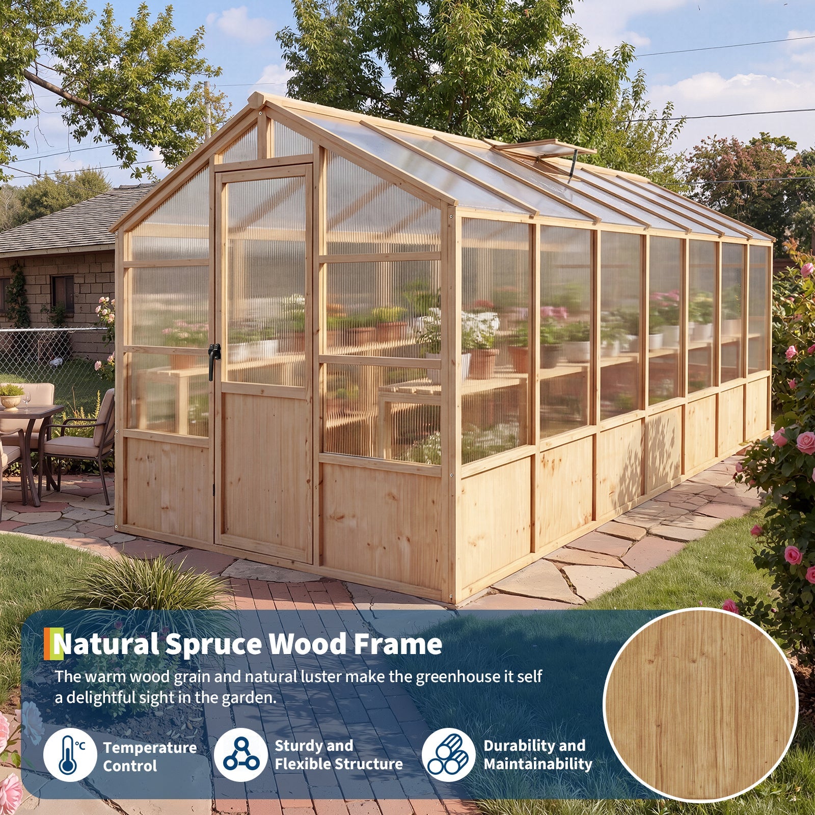 Garvee 8' x 14' Wooden Walk-In Greenhouse Kit, Outdoor Green House with Natural Spruce Wood Frame, Polycarbonate Panels, Ventilated Windows & Lockable Door for Garden, Backyard, Patio & Lawn