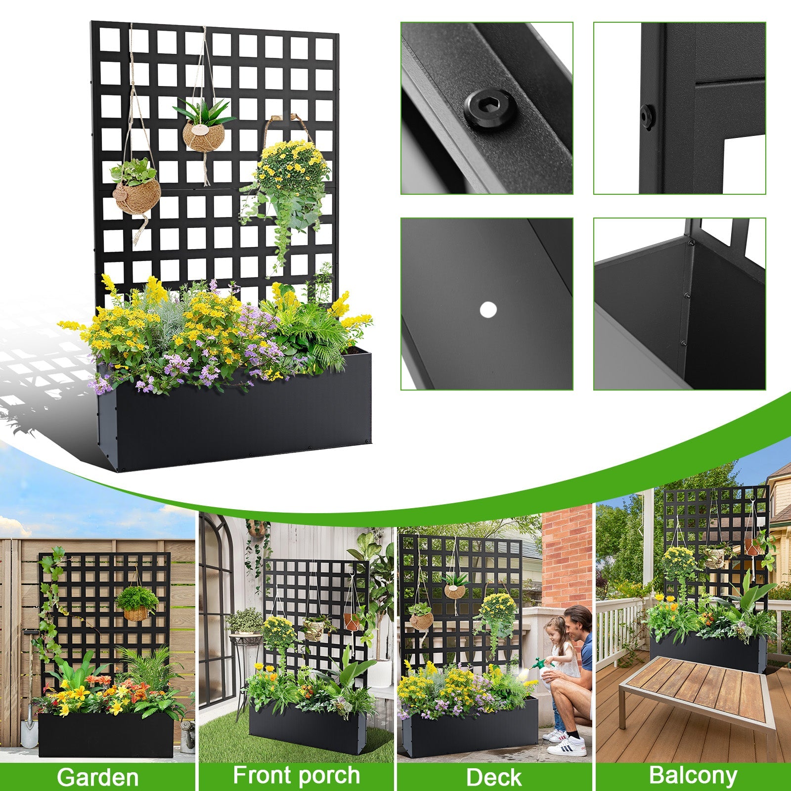 Garvee 71" x 47" x 12" Metal Planter Box with Trellis, Raised Garden Bed with Privacy Screen, Drainage Holes for Climbing Plants, Flowers & Vegetables, Black