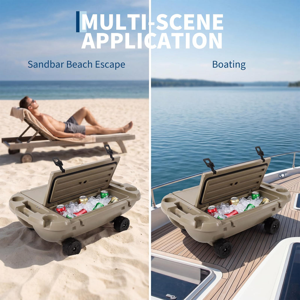Garvee 40L Floating Cooler with Wheels, 42.5QT Rotomolded All-Terrain Ice Chest with Tow Rope & 4 Cup Holders, Drift Mobile Beverage Cooler for River, Pool, Beach, Kayak, Cool Gray,  Khaki