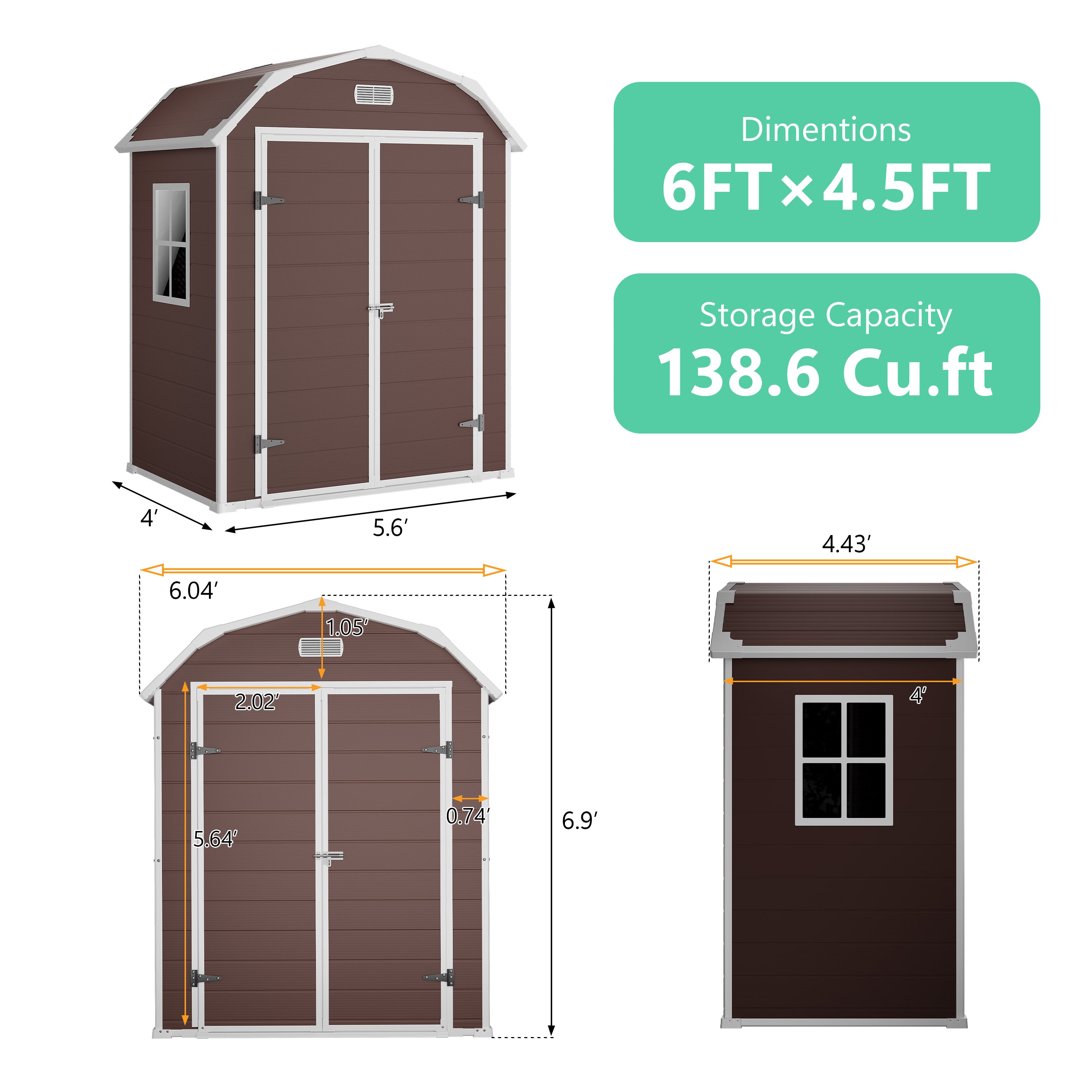 Garvee 6×4.5FT Resin Outdoor Storage Shed, Waterproof Garden Tool Shed with Floor, Window, Vents, Lockable Door & Ramp, UV-Resistant Patio Storage House for Backyard, Brown