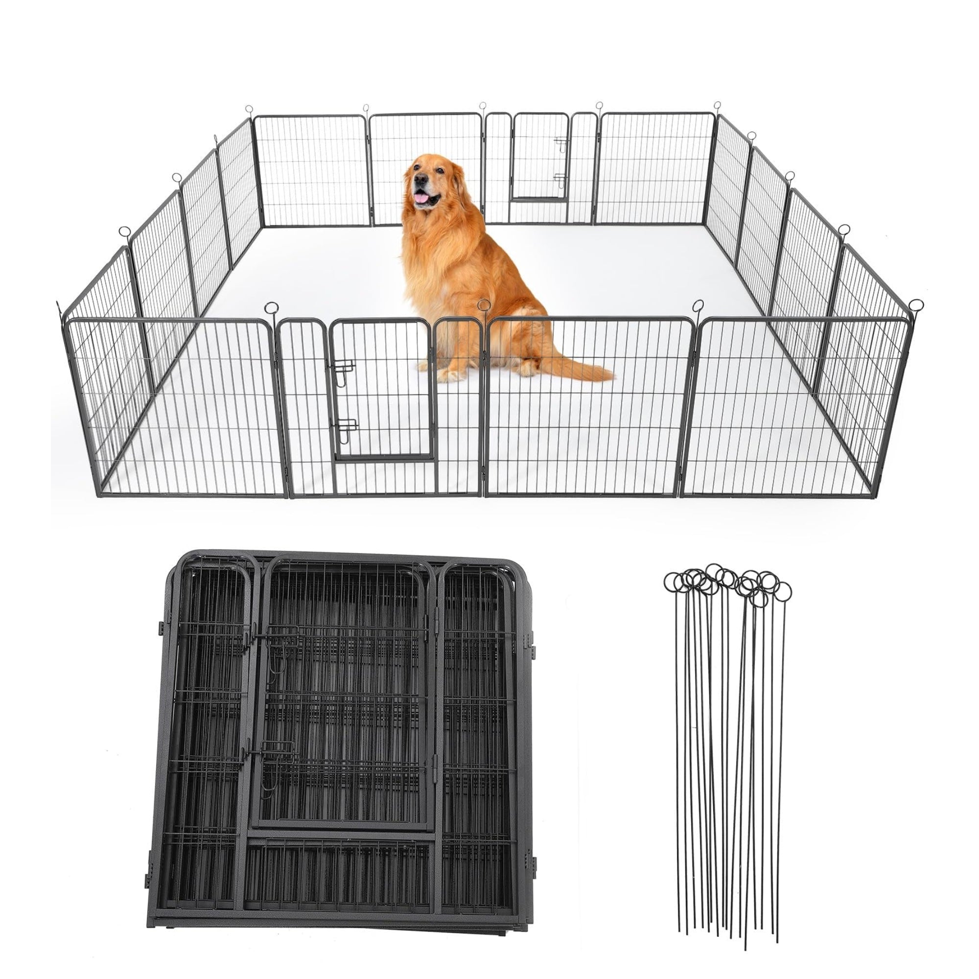 Garvee Outdoor Dog Playpen, Heavy Duty Metal Pet Exercise Pen, Metal Dog Fence with Gate, Pet Fence for Large/Small Dogs, Portable Dog Fence for RV Camping, Yard, Garden,24"H, 16 Panels