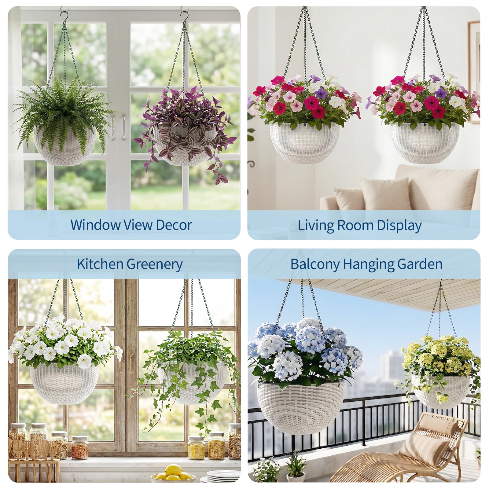 Garvee Self-Watering Hanging Planters for Indoor & Outdoor Plants, 4-Pack 13.8 in Resin Baskets with Rattan Look, Drainage Plugs and Triple-Chain Hangers