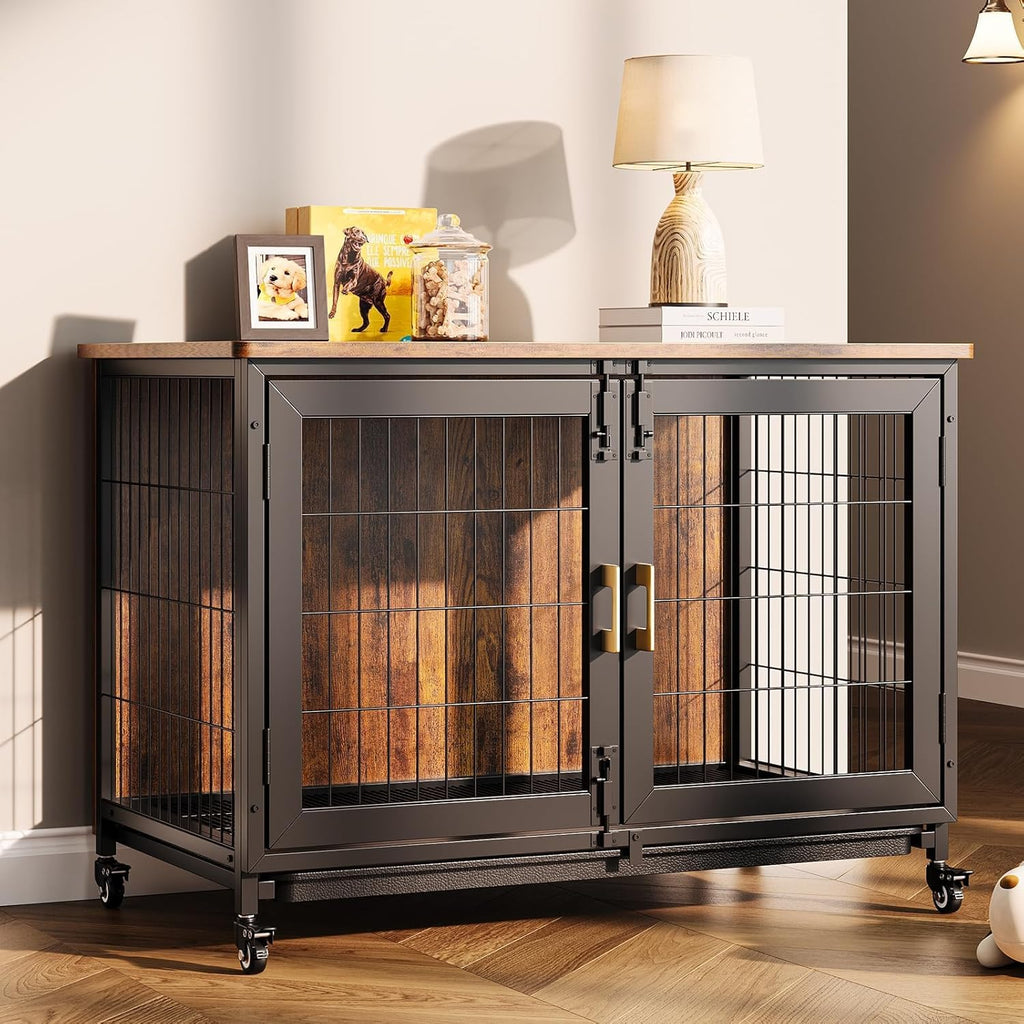 Garvee 37.5" Heavy Duty Dog Crate Furniture with Durable Steel Frame, Removable Tray, Locking Wheels, 300lb Capacity Indoor Kennel for Large Dogs, Multi-Functional Pet Cage & Storage Table
