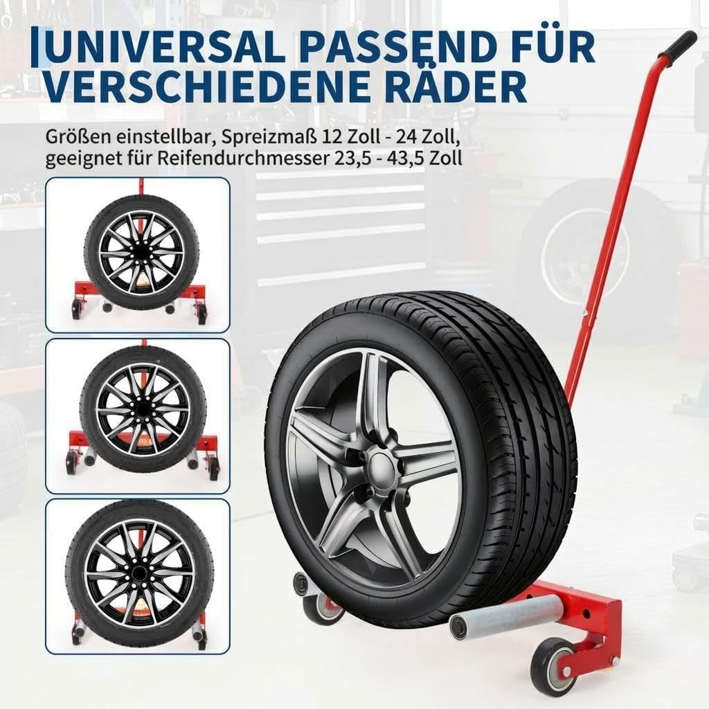Garvee Heavy Duty Adjustable Tire Wheel Dolly – 330lbs Capacity, 23.5"-43.5" Width, 8in 360° Rollers – For Semi Truck, SUV, Skid Steer, ATV, RV, Trailer – Easy Tire Lifting – Red