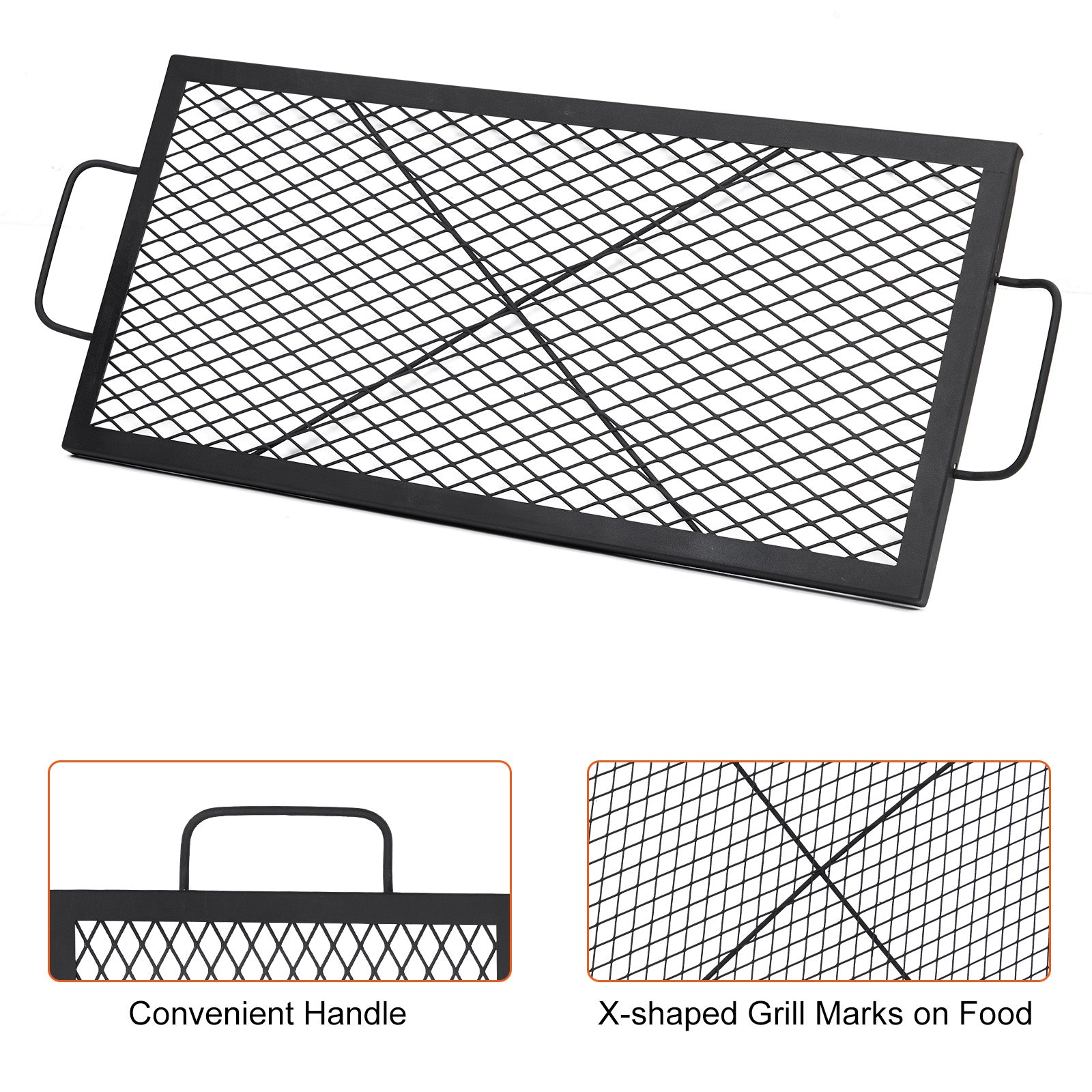 Garvee 32" x 15" Rectangular Fire Pit Grill Grate - Heavy Duty Steel Campfire Cooking Grid with Handles, X-Marks Mesh for Even Heat, Portable BBQ Grate for Outdoor Fire Pit, Park & Camping