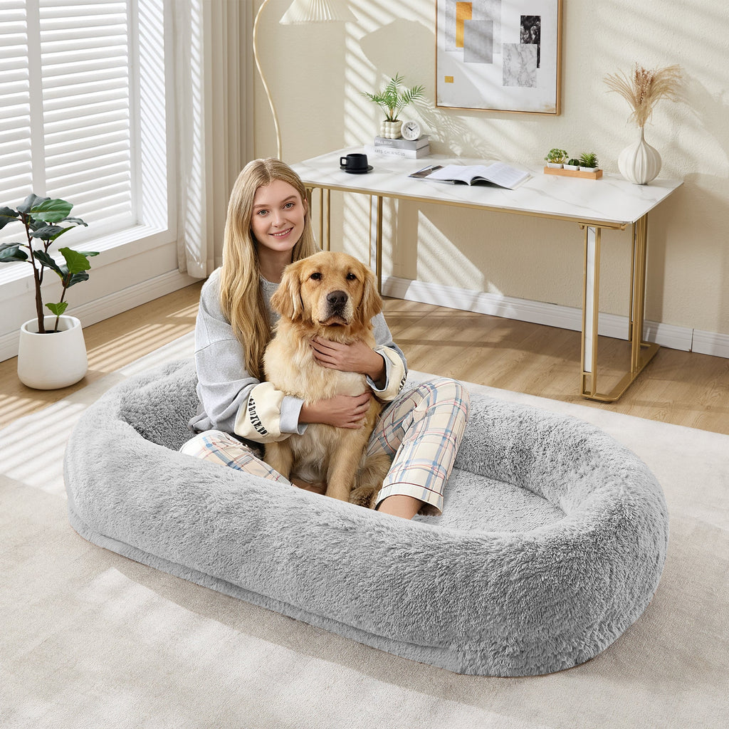 Garvee Orthopedic Soft Faux Fur Human Dog Bed for Adults & Pets – Large 67"x43"x8" Lounger, Egg Crate Foam, Removable Pillow, Side Pocket, Handle, Washable Cover, Cozy Floor Bed, White Grey