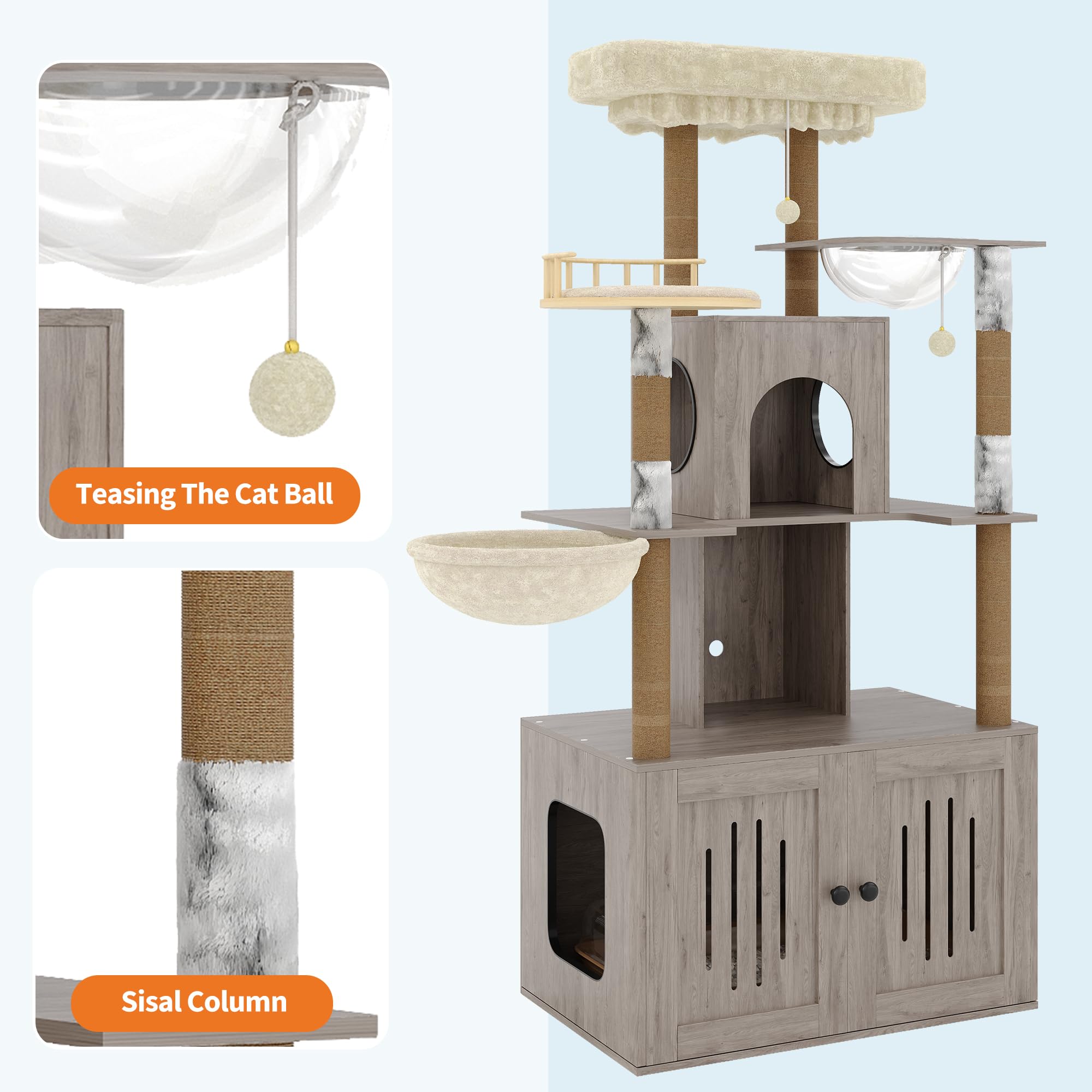 Garvee Multi-Level Cat Tree with Litter Box Enclosure – Hidden Litter Box, Large Soft Perch, Sisal Scratching Posts, Condo & Hammock – Modern Cat Litter Box Cabinet for Indoor Cats – Gray