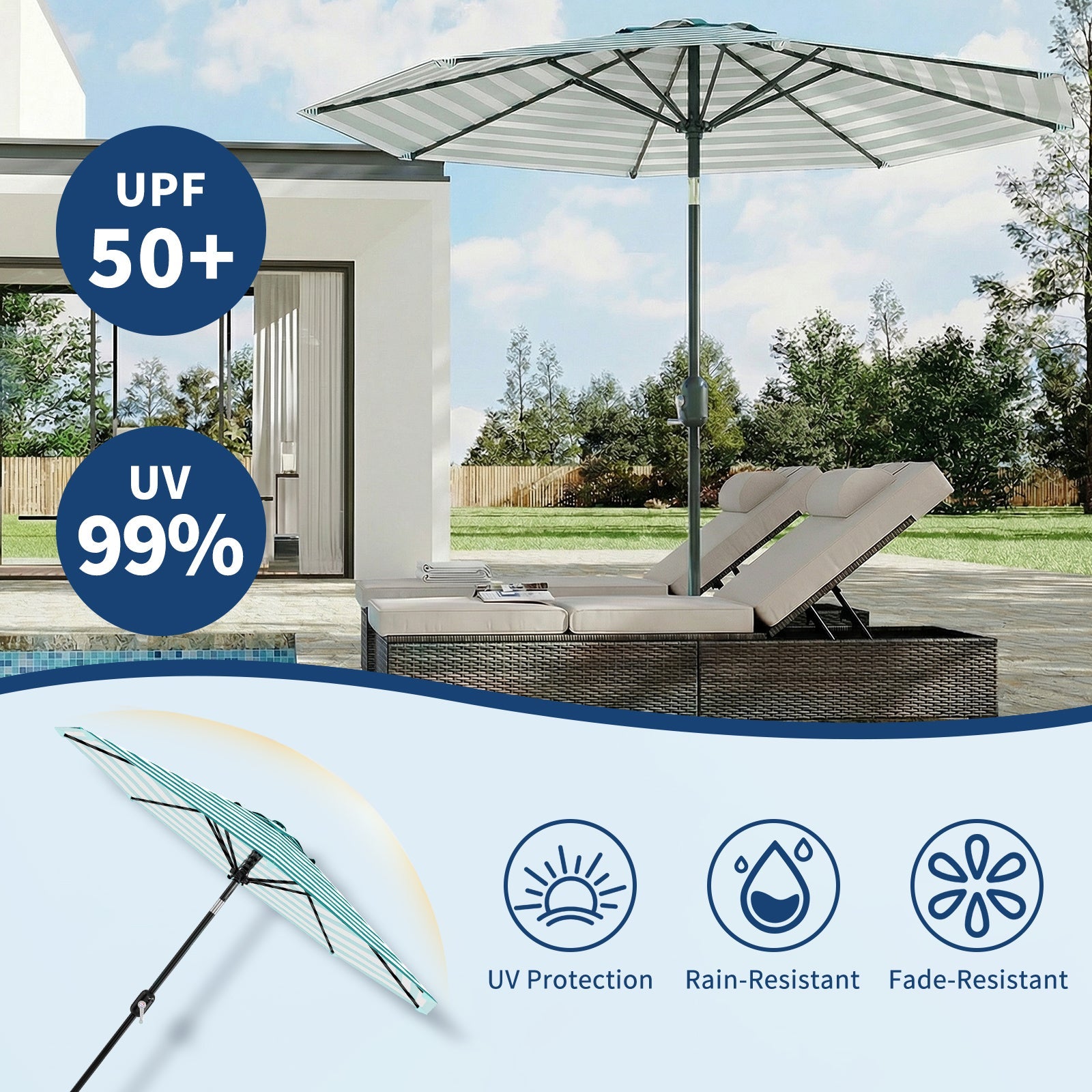 Garvee 9 ft Outdoor Patio Umbrella with Crank Lift, Push-Button Tilt, UV-Resistant Waterproof Canopy for Pool, Deck & Yard, Turquoise & White Stripes
