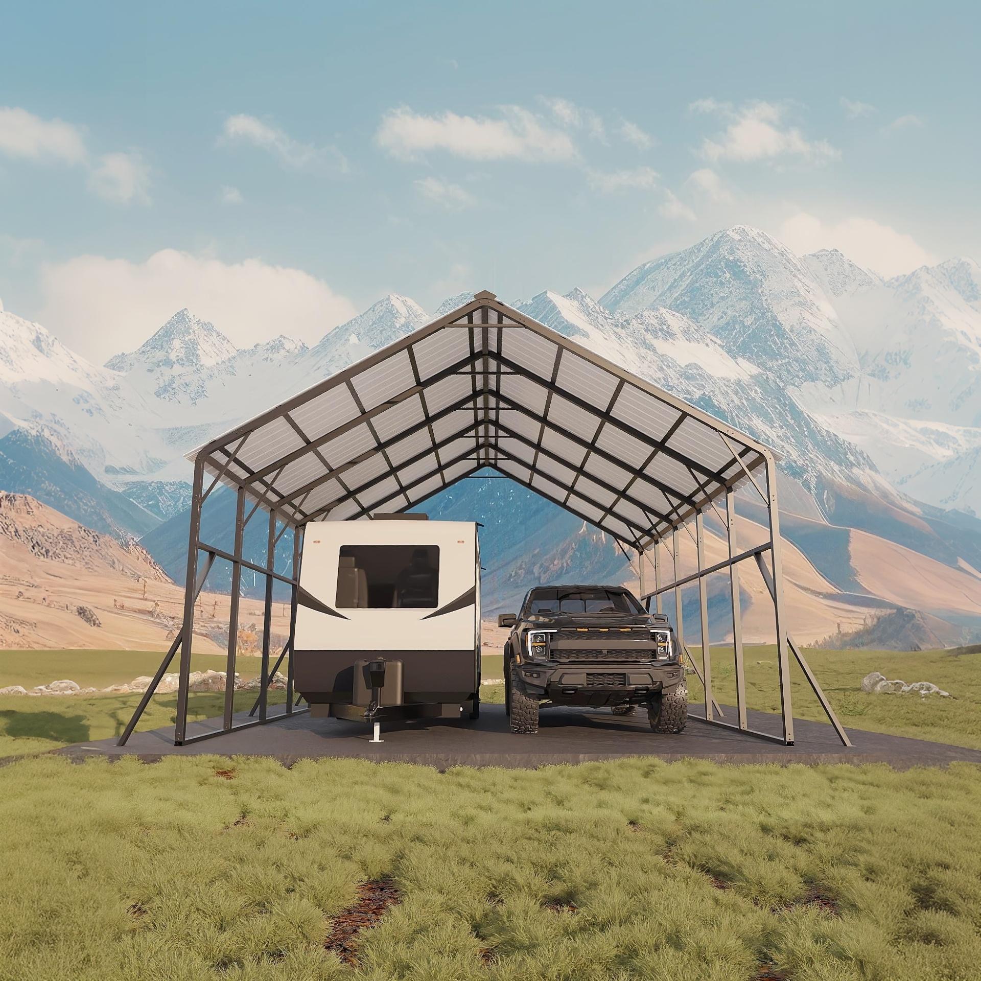 Garvee Metal Carport 20×25 ft, 173" High-Clearance 120° Vertical Roof, 19-Gauge Steel Frame for 2 Cars RV Tractor Shelter