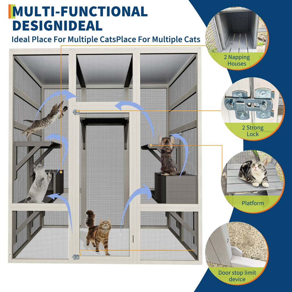 Garvee 70" Large Outdoor Catio Cat Enclosure, Wood Cat Patio with Waterproof UV-Resistant Roof, Cats Shelter with 5 Platforms and 2 Resting Box, and Secure Rust-Proof Wire for Backyard or Patio