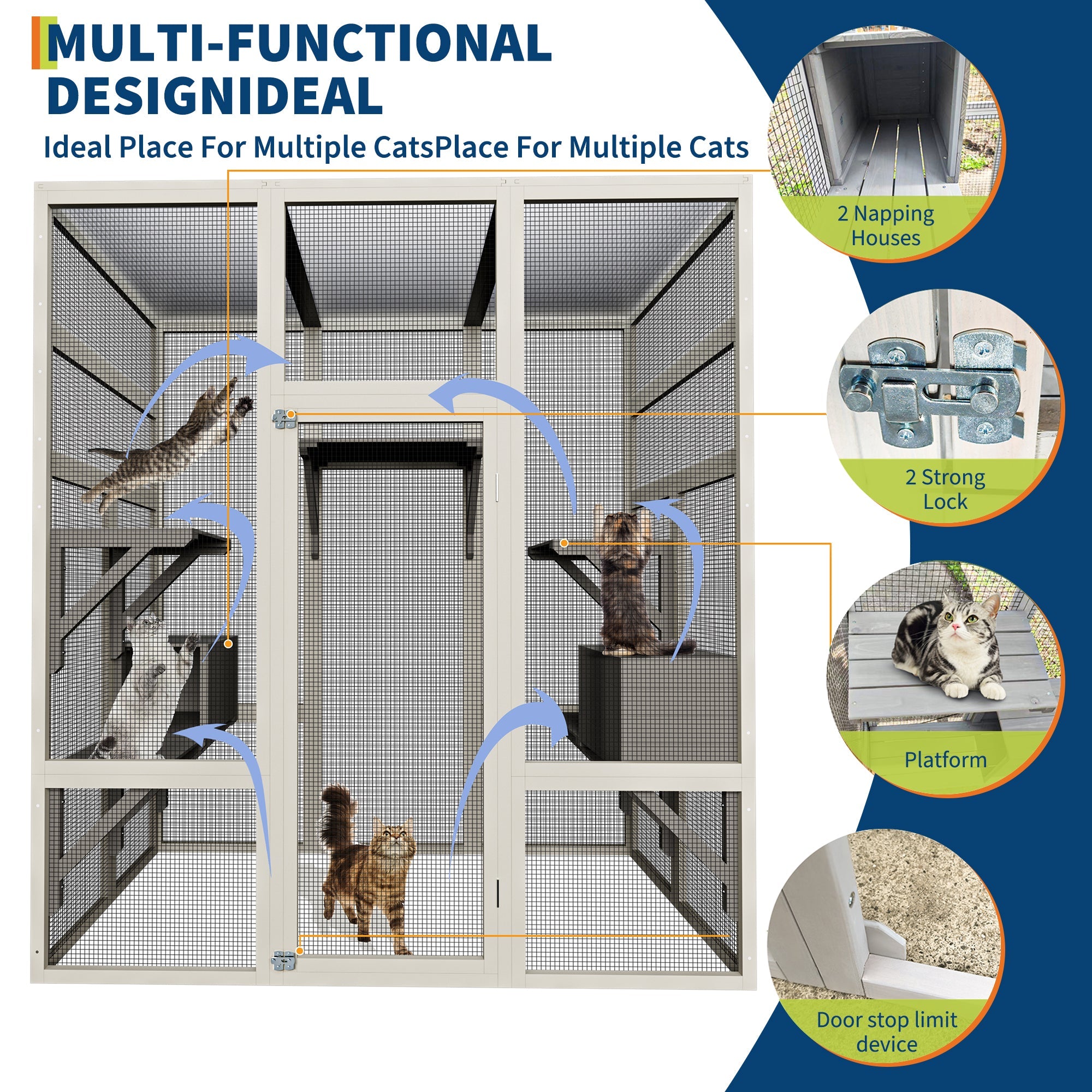 Garvee 70" Large Outdoor Catio Cat Enclosure, Wood Cat Patio with Waterproof UV-Resistant Roof, Cats Shelter with 5 Platforms and 2 Resting Box, and Secure Rust-Proof Wire for Backyard or Patio