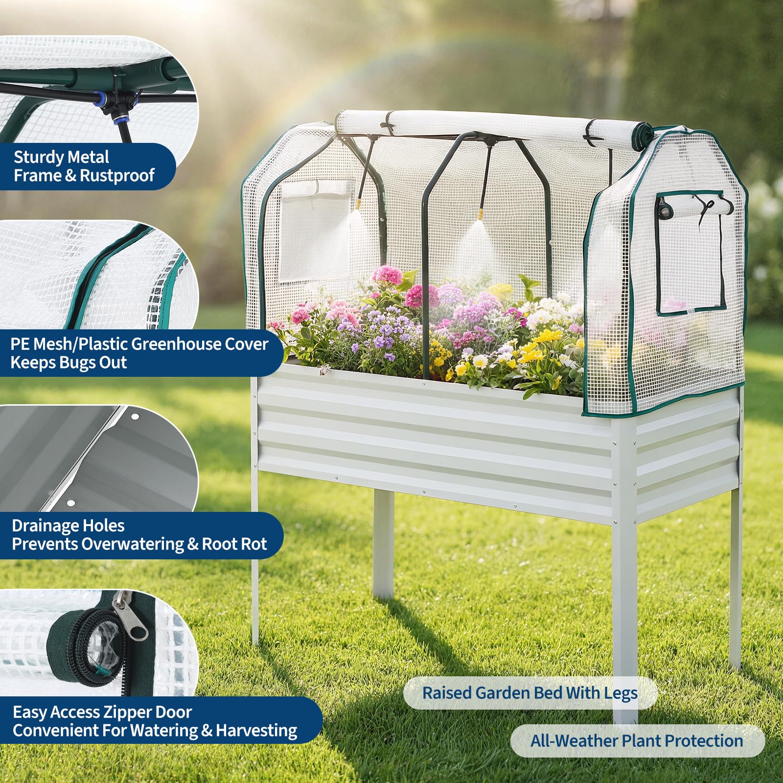 Garvee Elevated Garden Planter, 48 x 24 x 55-Inch Galvanized Metal Raised Bed with Greenhouse Cover, Bird Net and 4 Plant Signs for Patio and Balcony, Gray