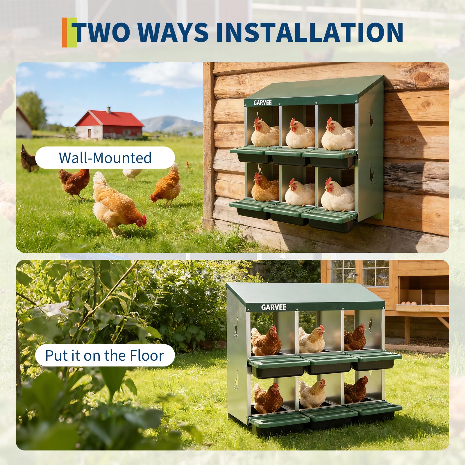 Garvee 6-Compartment Metal Chicken Nesting Box, Roll Away Poultry Laying Box with Sloped Anti-Perch Roof, 31.3"x12.8"x30.9", Green