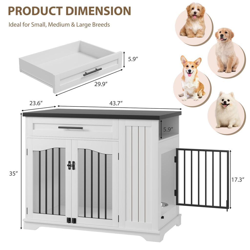 Garvee Wooden Indoor Dog Crate Furniture with Drawer & Lockable Doors, Heavy Duty Indoor Dog Kennel End Table with Feeding Bowls & Storage for Small Medium Large Dogs, White & Walnut