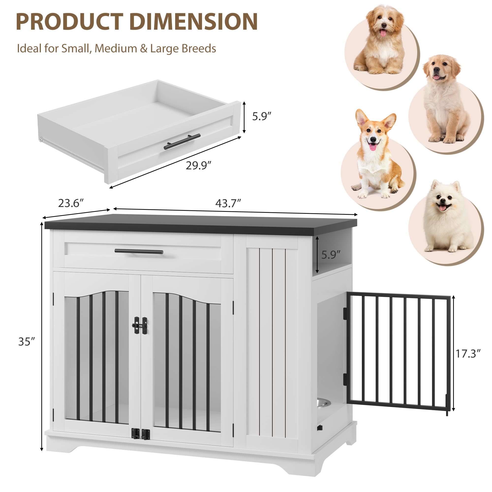 Garvee Wooden Indoor Dog Crate Furniture with Drawer & Lockable Doors, Heavy Duty Indoor Dog Kennel End Table with Feeding Bowls & Storage for Small Medium Large Dogs, White & Walnut