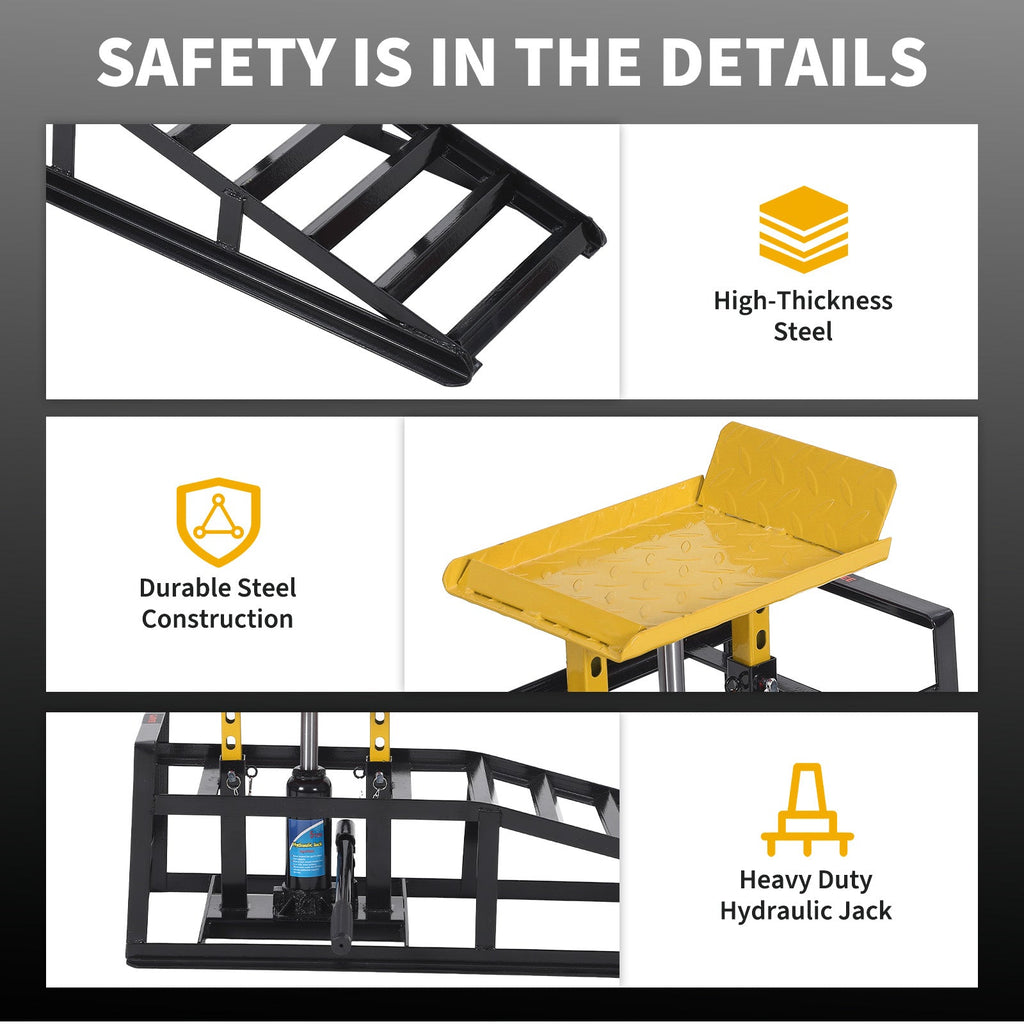 Garvee Heavy Duty Hydraulic Car Ramps 2-Pack – 11,000 lbs Capacity – Adjustable Low Profile Lift 11.6"-16.2" – Steel Construction – Non-Slip Surface – For Oil Changes, Brakes, Garage Repair – Black Shelf + Yellow Tablet