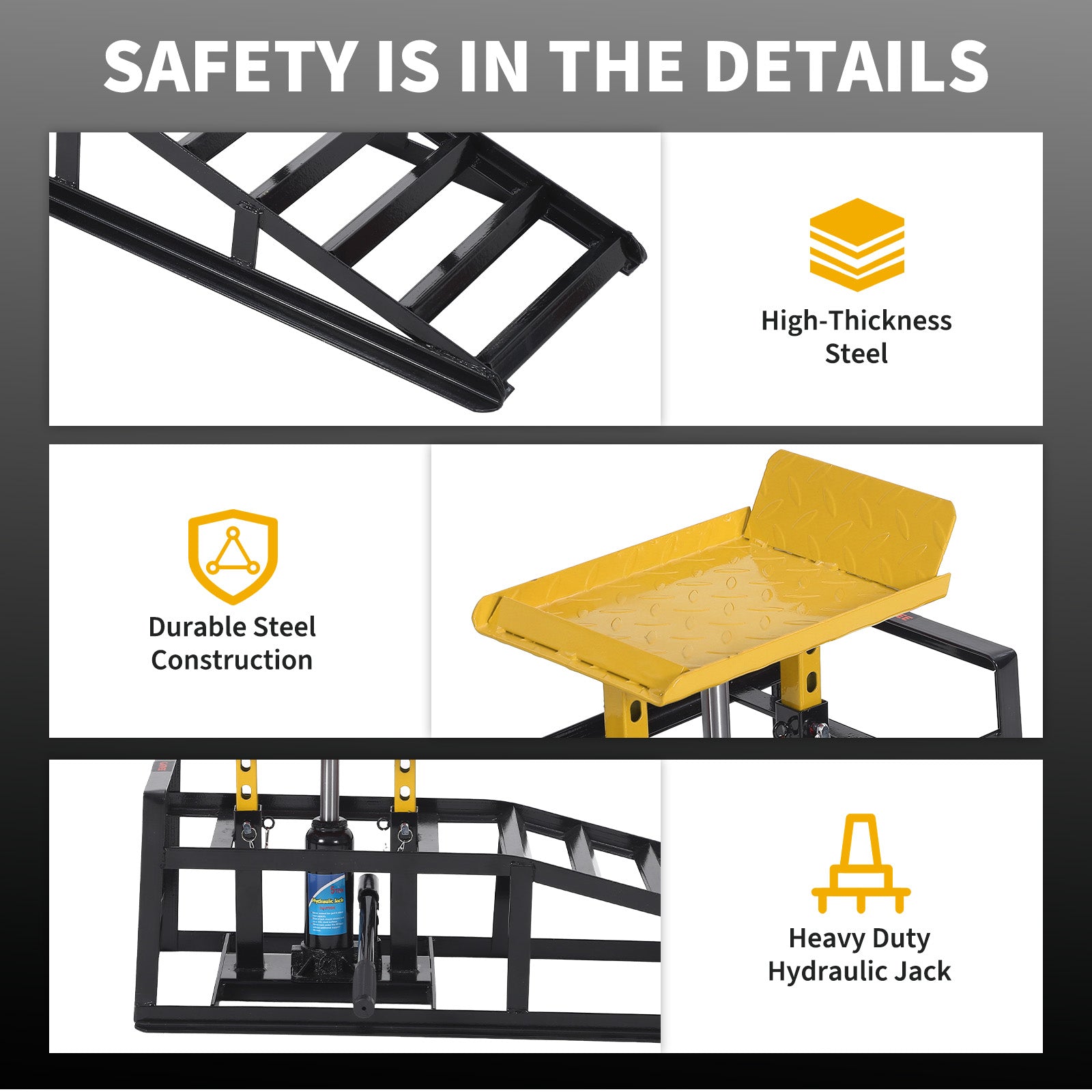 Garvee Heavy Duty Hydraulic Car Ramps 2-Pack – 11,000 lbs Capacity – Adjustable Low Profile Lift 11.6"-16.2" – Steel Construction – Non-Slip Surface – For Oil Changes, Brakes, Garage Repair – Black Shelf + Yellow Tablet