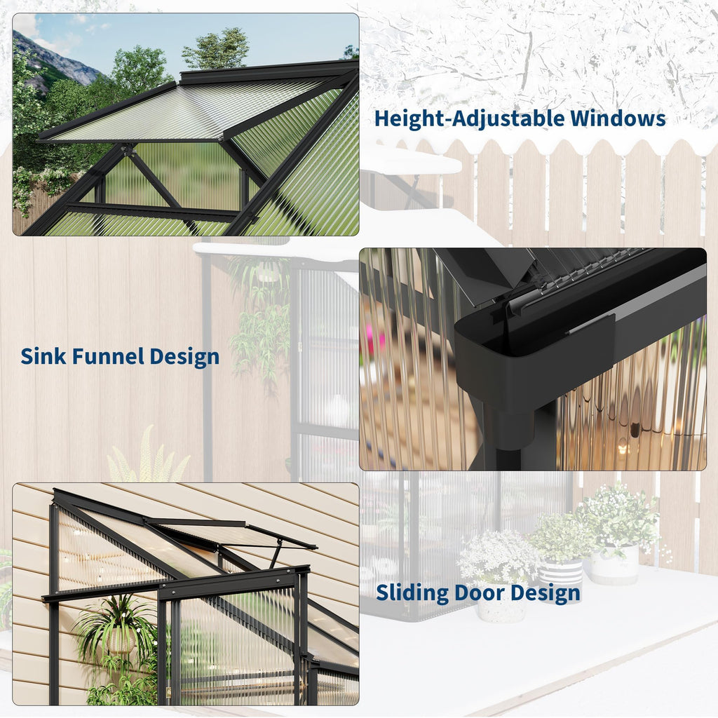 Garvee 4×4FT Lean-To Polycarbonate Greenhouse Kit, Heavy Duty Walk-In Plant Shelter with Sliding Door & Adjustable Roof Vent, Black