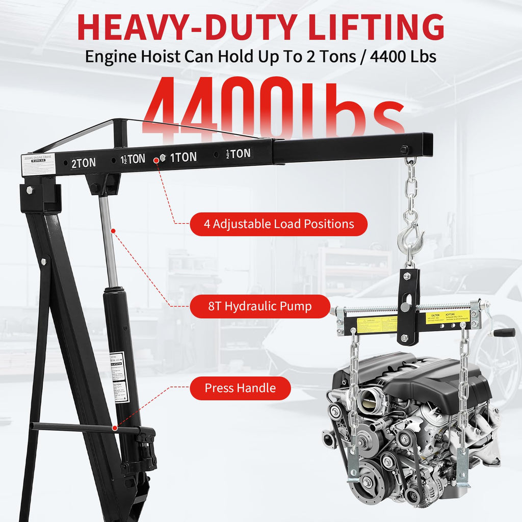 Garvee 2 Ton Folding Hydraulic Engine Hoist with Load Leveler – Heavy Duty Cherry Picker Crane – 4400 lbs Capacity – Adjustable Telescopic Boom – 6 Swivel Wheels – Automotive Repair, Garage, Workshop – Black with Sound Controller